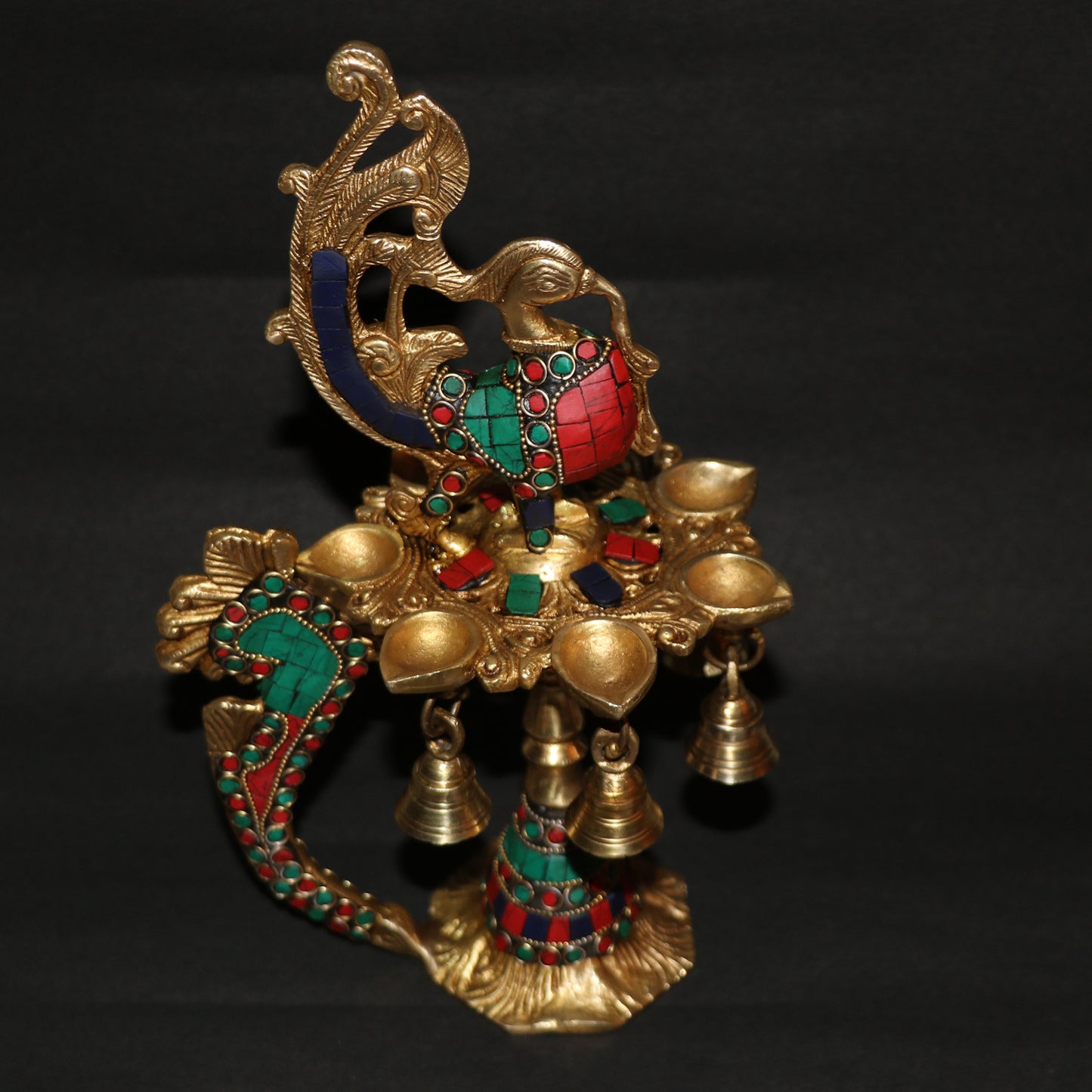 Brass Multicolor Stone Chip Peacock Decorative Diya With 7 Traditional Bells and 7 Diya Slot Antique Deepak Design - SvarupArt