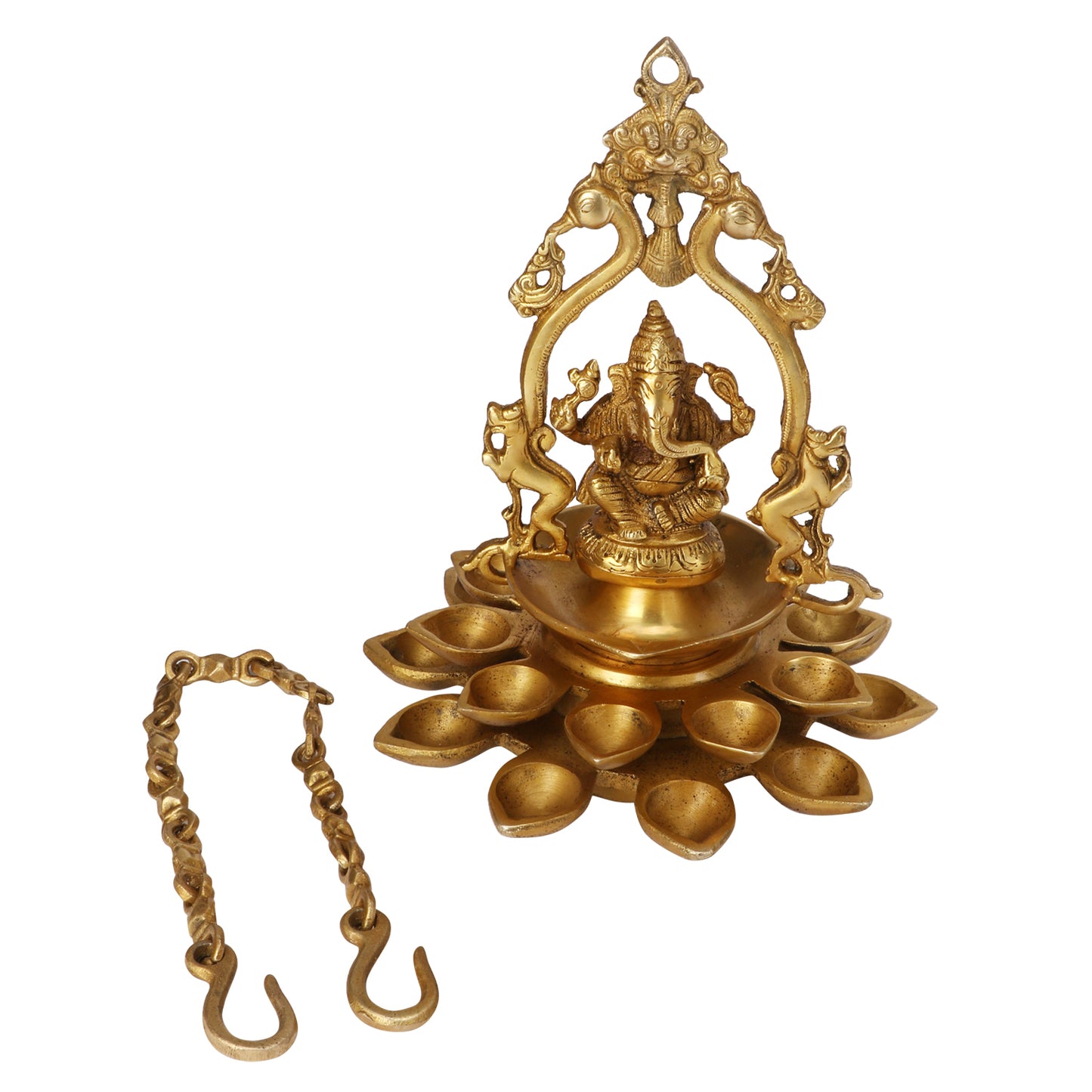 Brass Lord Ganesh Idol with Multi Diya: Home Entrance Decor, Diwali Gift - SvarupArt