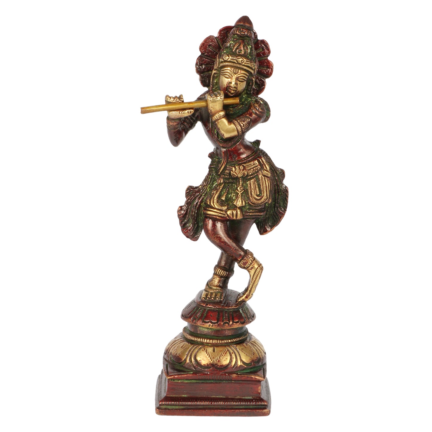 Brass Krishna Bhagwan Statue in Antique Gold and Green Color Height 2 Inch - SvarupArt
