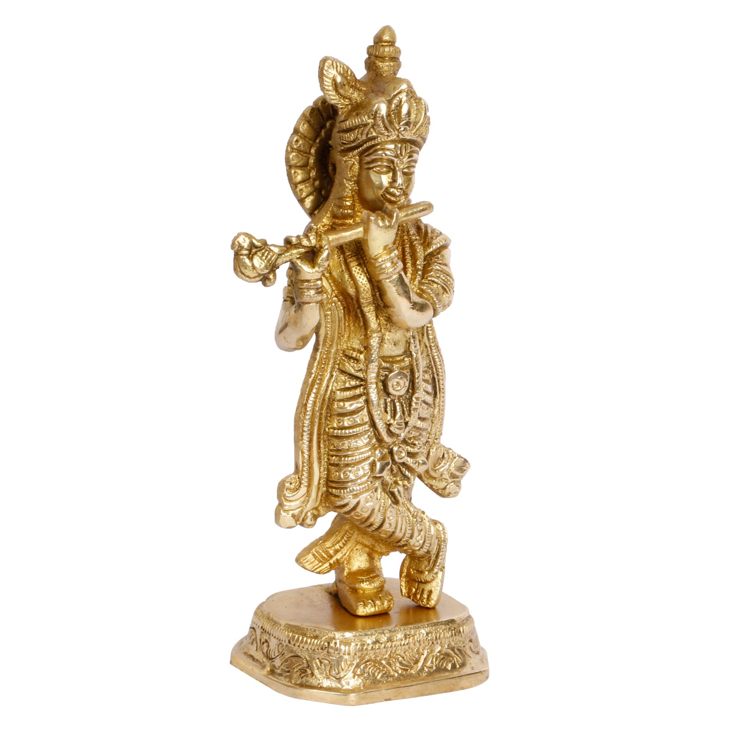 Brass Krishna Idol on Round Base in Gold Color Height 7-Inch - SvarupArt