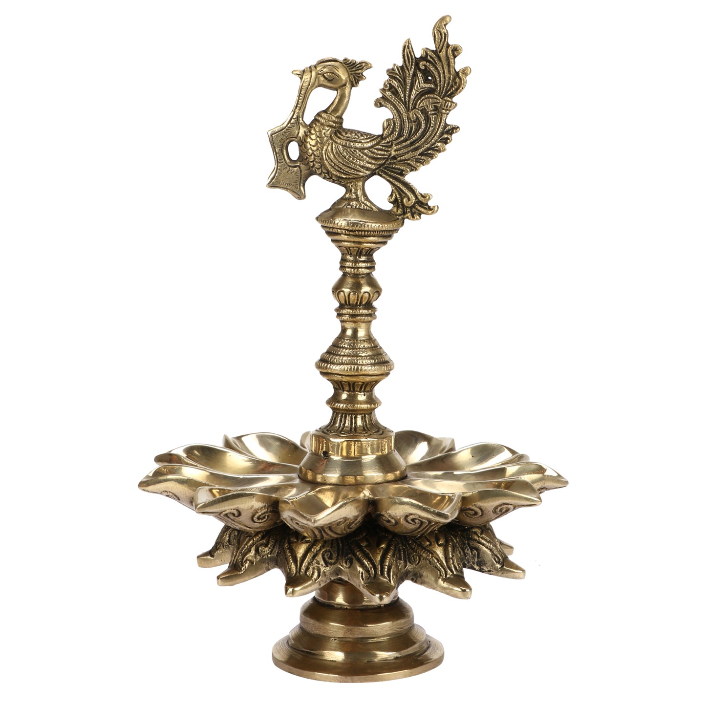 Brass Multi Diya Table Stand Diya With Peacock Perched on Central Pillar Deepam for Home Entrance Decor - SvarupArt