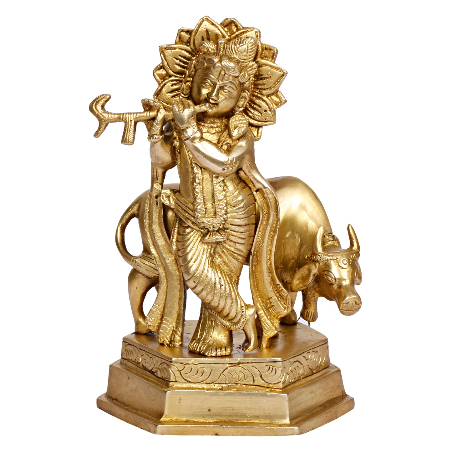 Brass Krishna Bhagwan Idol with Gau Mata in Gold Color Height 7 Inch - SvarupArt