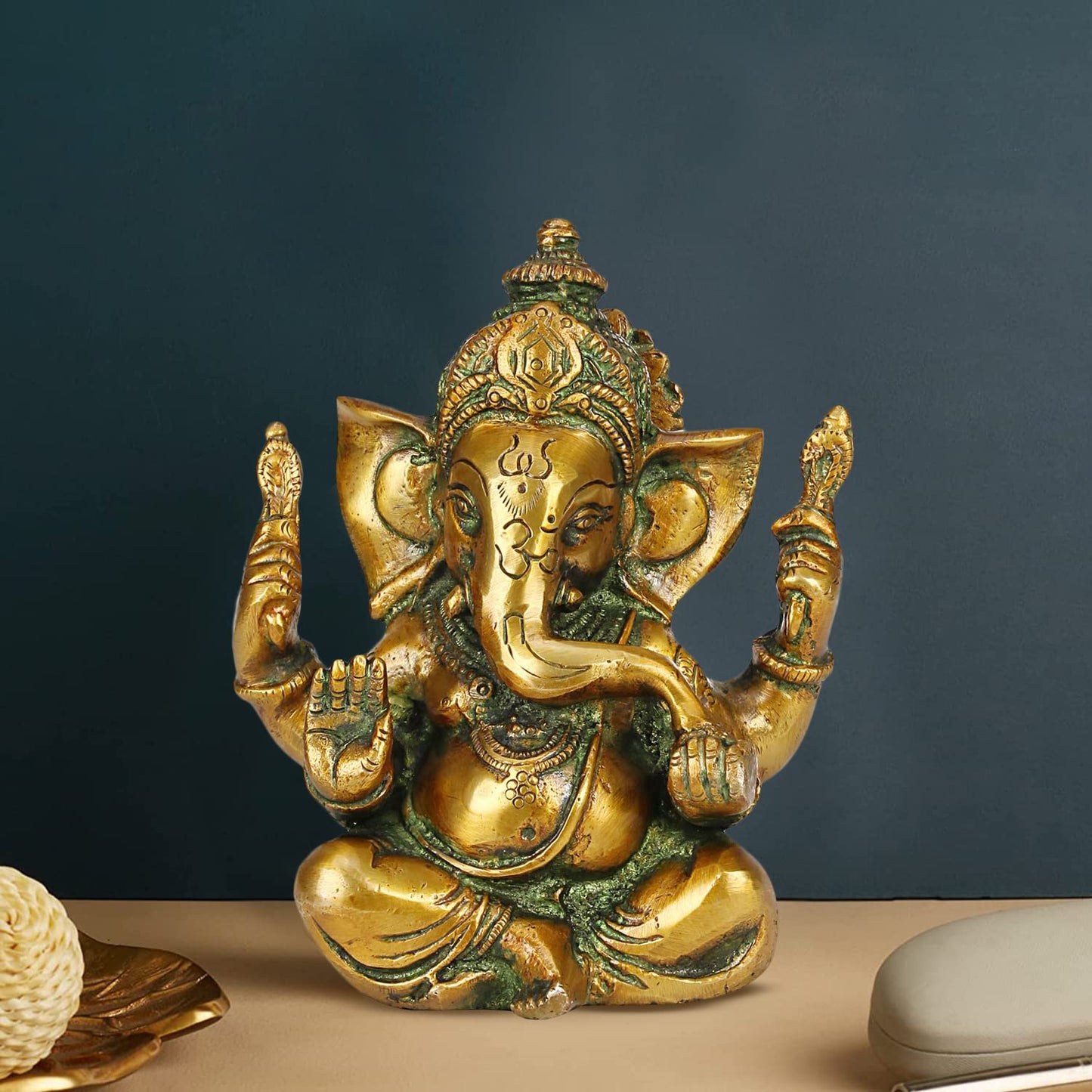 Brass Sitting Ganesha Idol In Multicolor Height 5 Inch Weight 1.3 Kg - SvarupArt