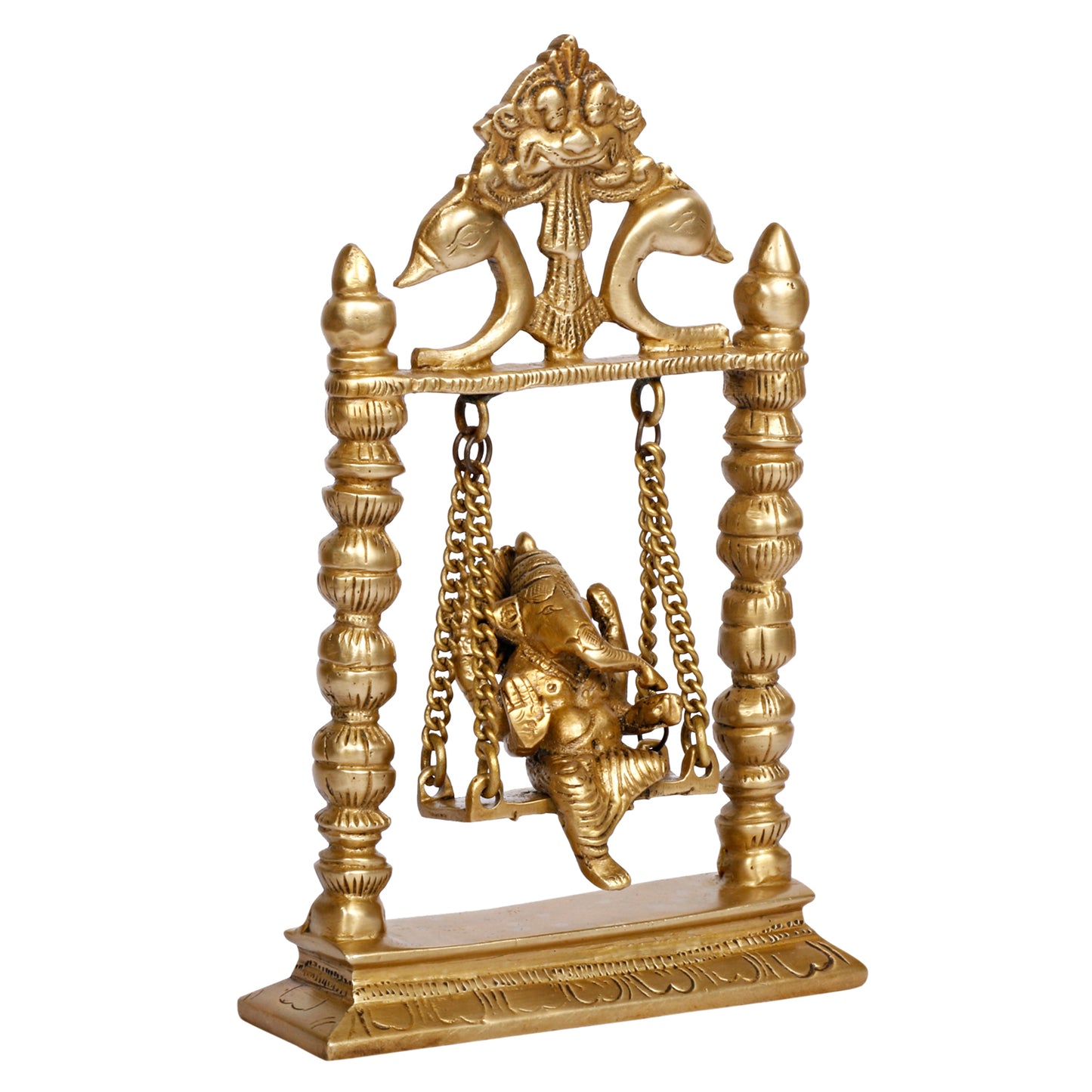 Brass Jhula Ganesha Idol In Gold Color Height 3 Inch Weight 0.85 Kg - SvarupArt