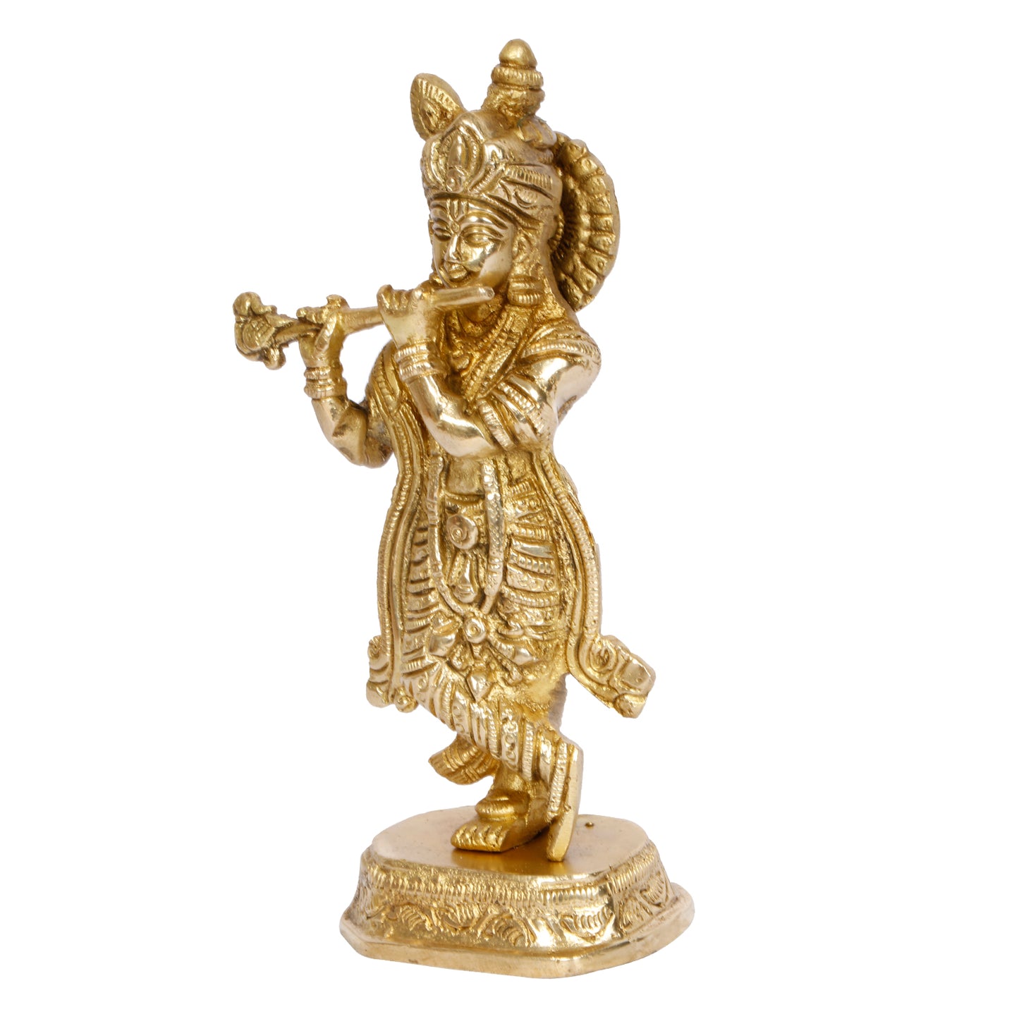 Brass Krishna Idol on Round Base in Gold Color Height 7-Inch - SvarupArt