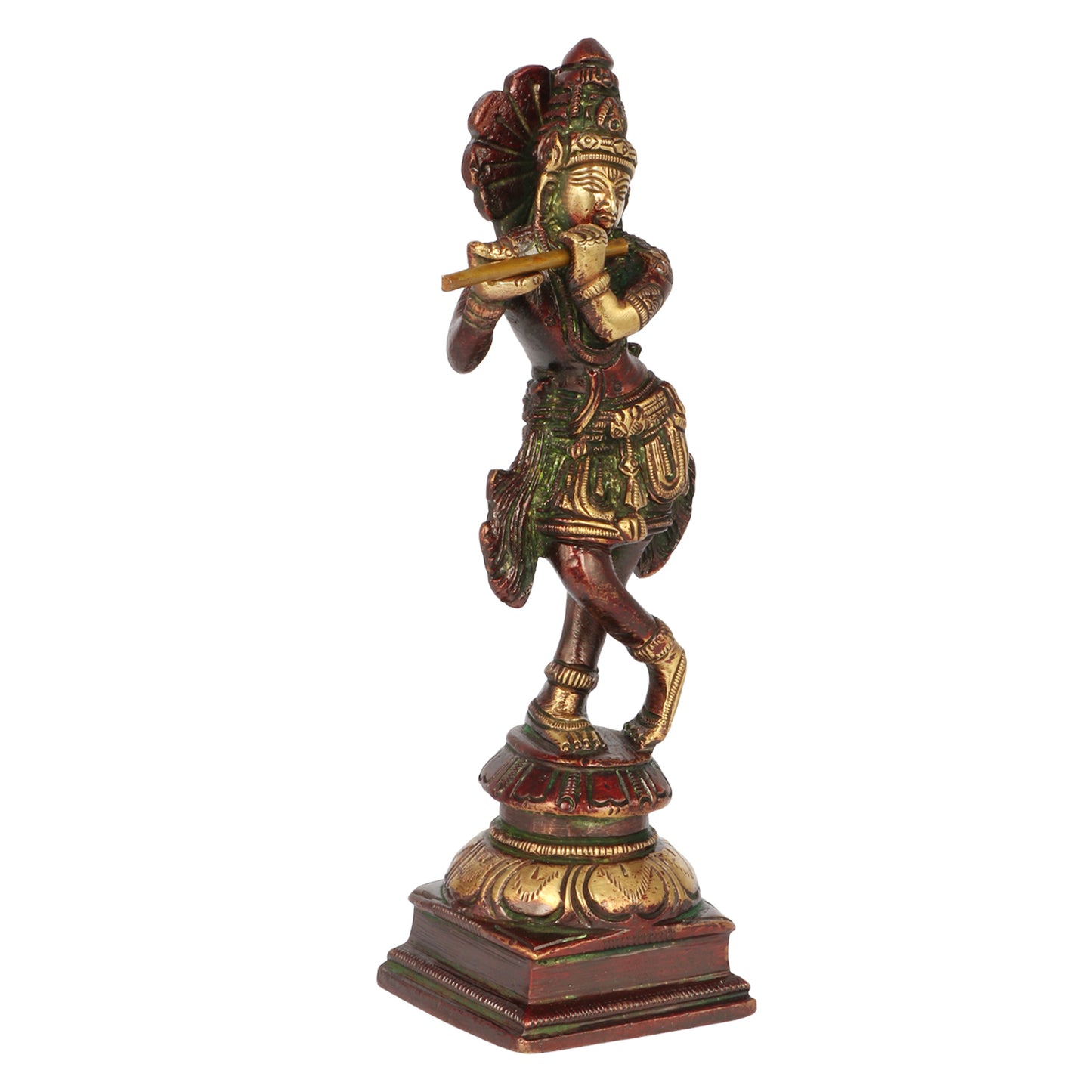 Brass Krishna Bhagwan Statue in Antique Gold and Green Color Height 2 Inch - SvarupArt