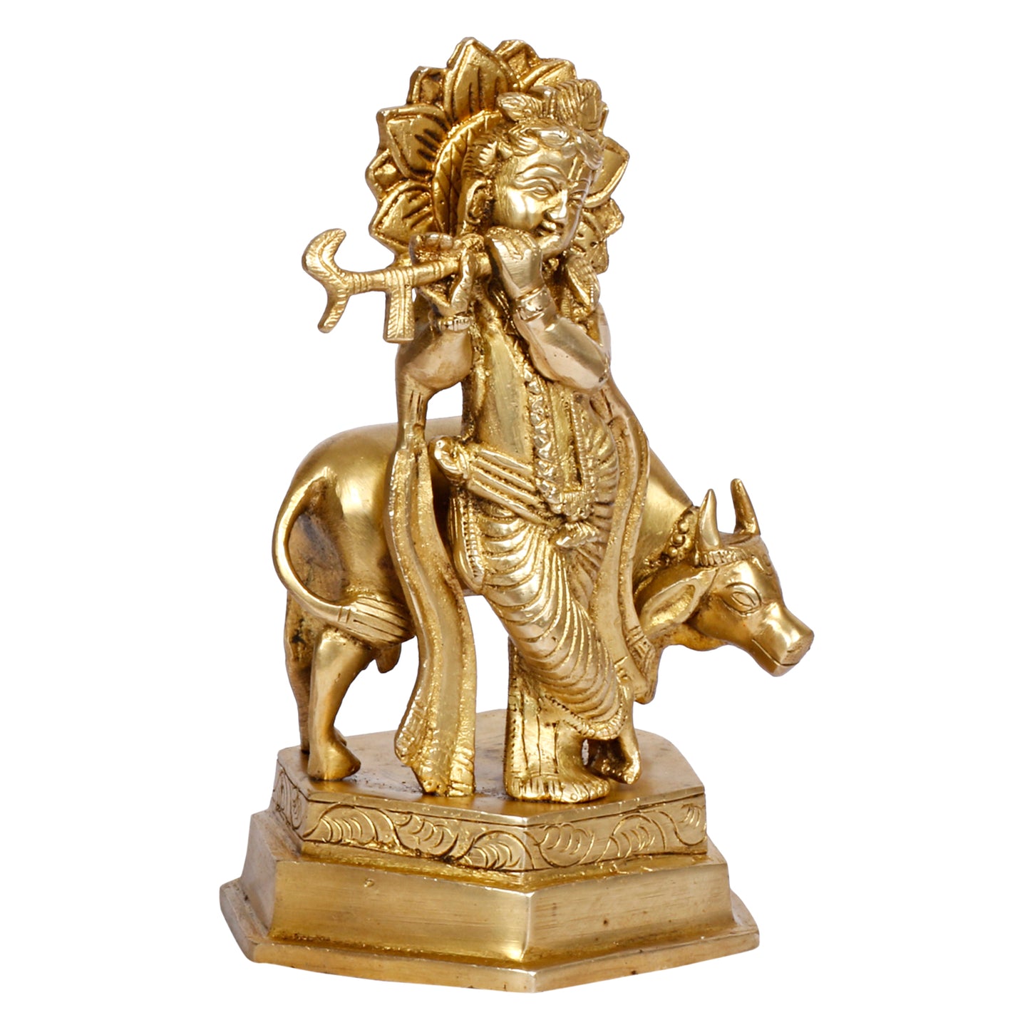 Brass Krishna Bhagwan Idol with Gau Mata in Gold Color Height 7 Inch - SvarupArt