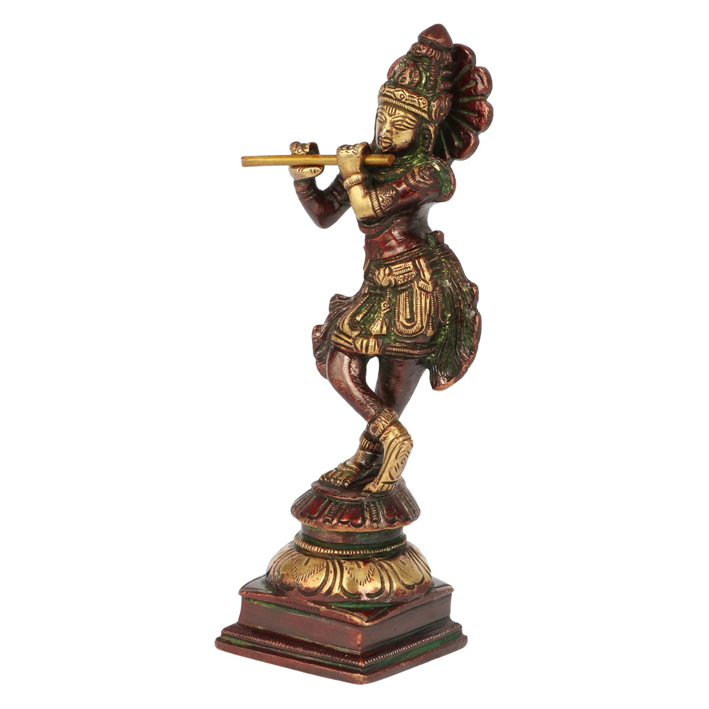 Brass Krishna Bhagwan Statue in Antique Gold and Green Color Height 2 Inch - SvarupArt
