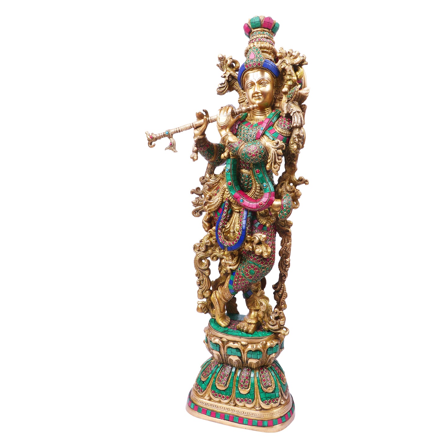 Brass Krishna Standing Murti in Multicolor Height 29 Inch - SvarupArt