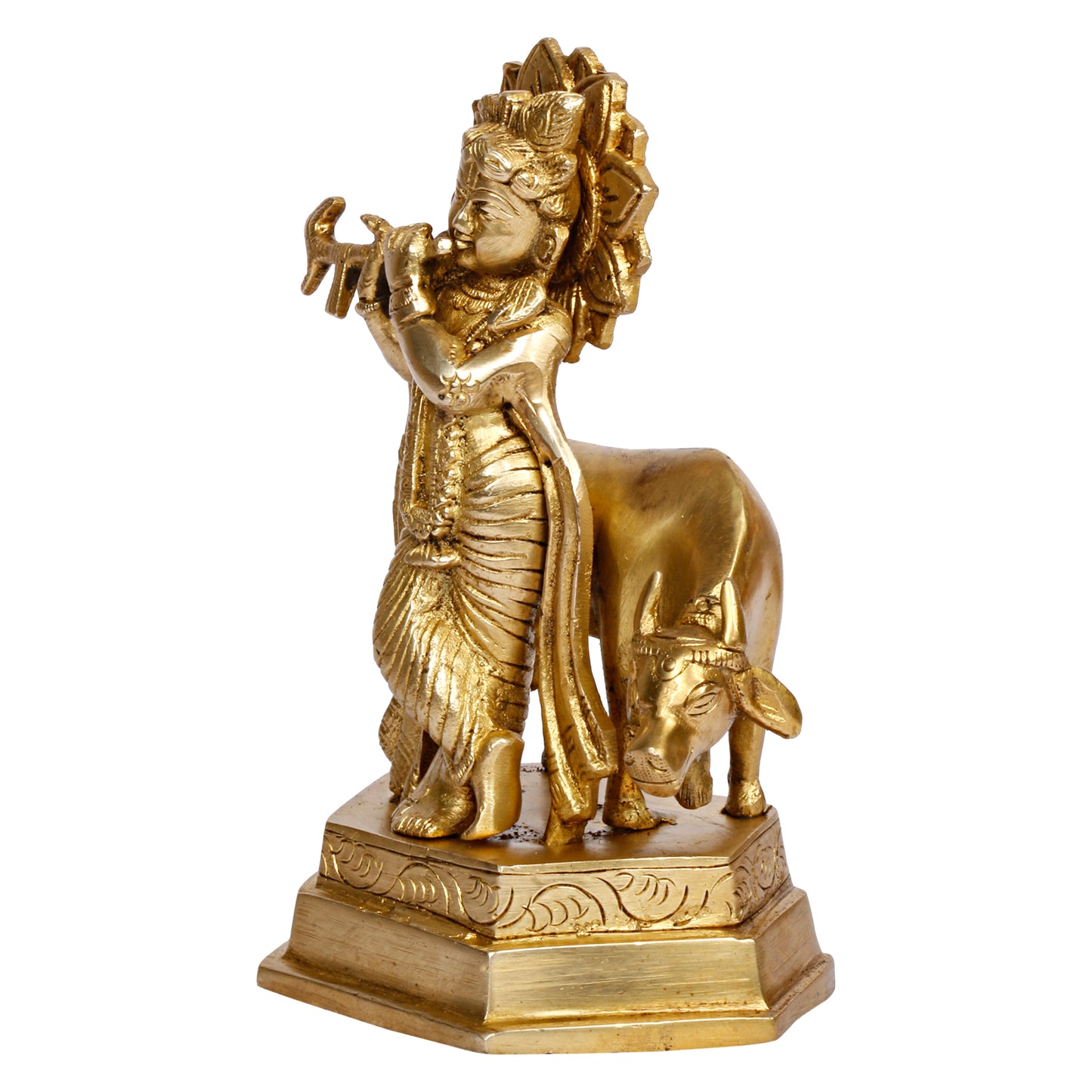 Brass Krishna Bhagwan Idol with Gau Mata in Gold Color Height 7 Inch - SvarupArt