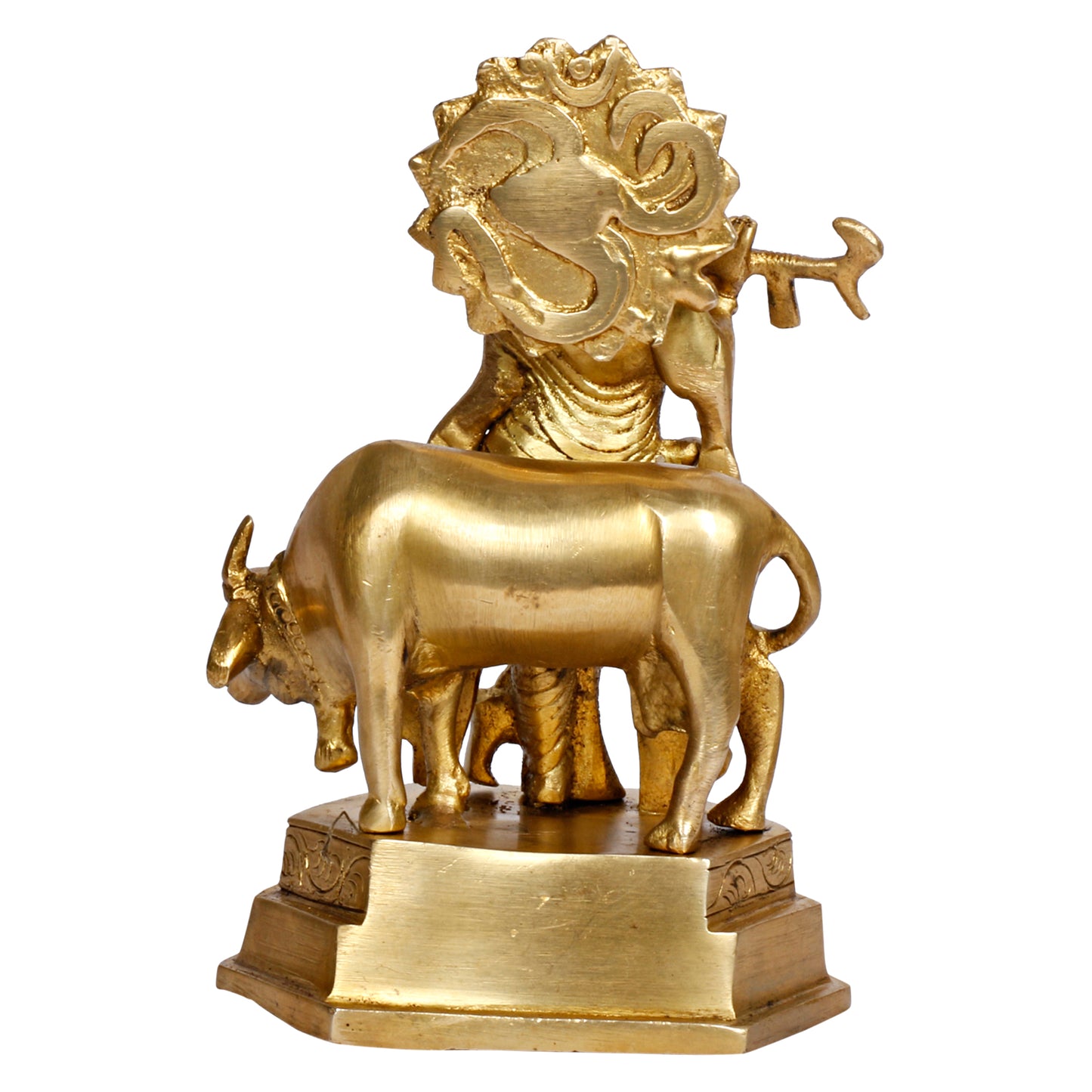 Brass Krishna Bhagwan Idol with Gau Mata in Gold Color Height 7 Inch - SvarupArt
