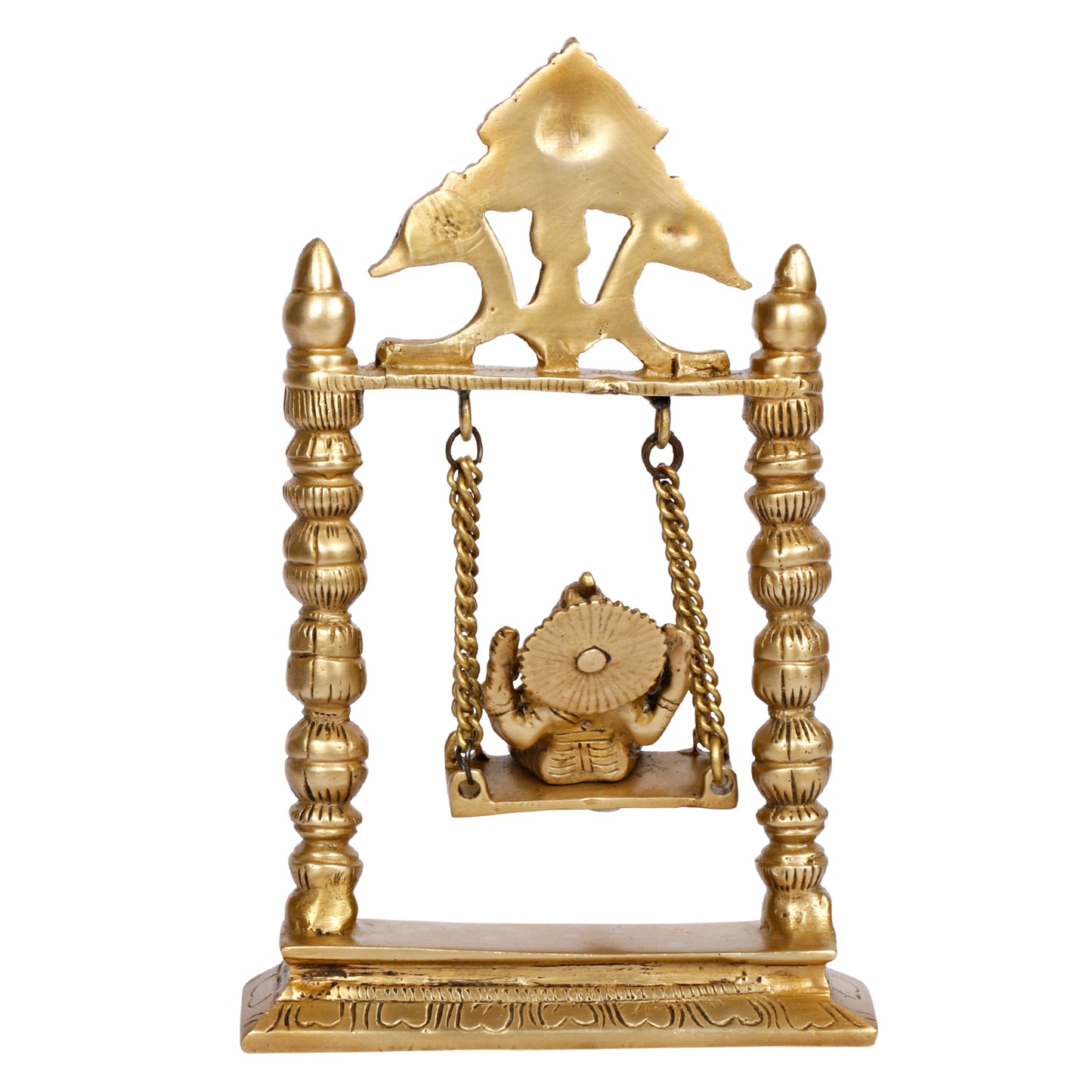 Brass Jhula Ganesha Idol In Gold Color Height 3 Inch Weight 0.85 Kg - SvarupArt