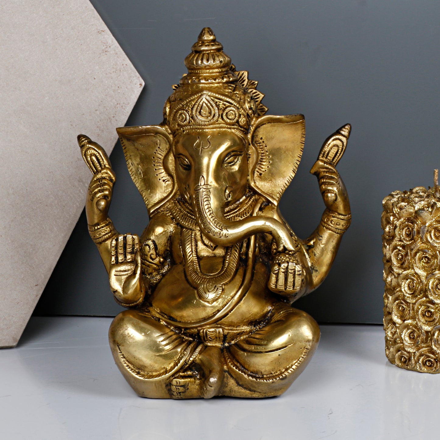 Brass Sitting Ganesha Idol In Gold Color Height 9 Inch Weight 2 Kg - SvarupArt