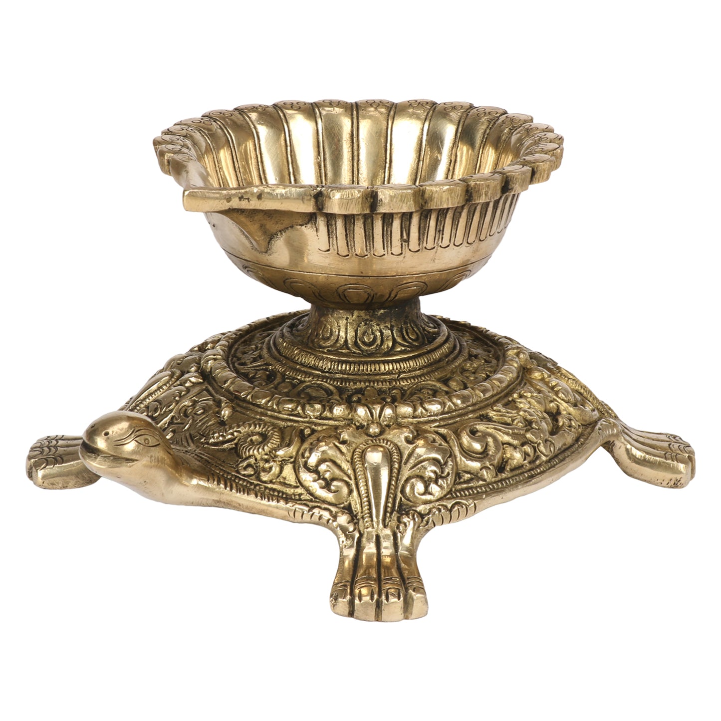 Brass Large Size Diya Deepak: Ideal for Puja Room, featuring a Tortoise (Kachua) Statue - SvarupArt