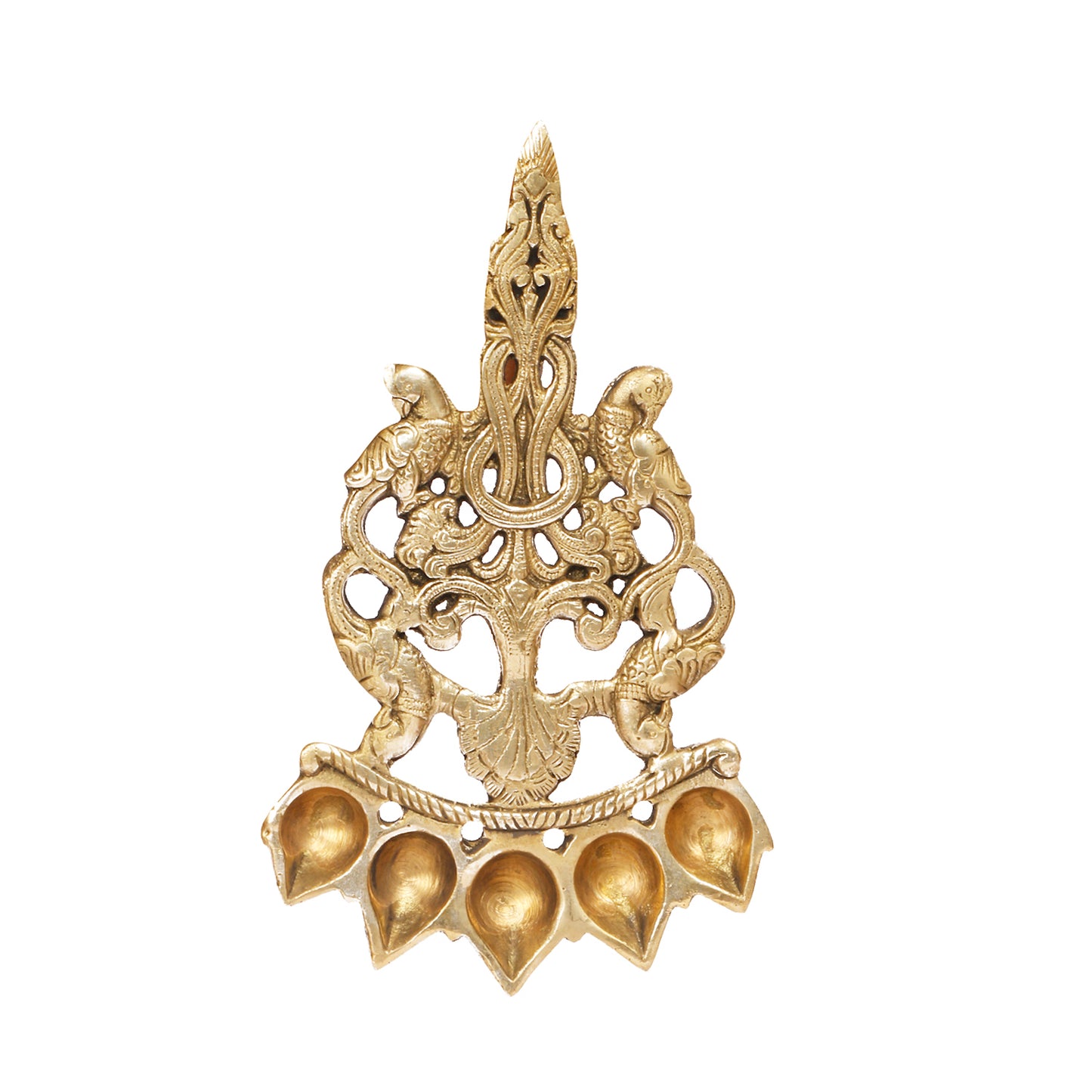 10 Inch Gold Color Brass Long Handle Panch Arti Oil Lamp Diya: Ideal for Temple Aarti - SvarupArt