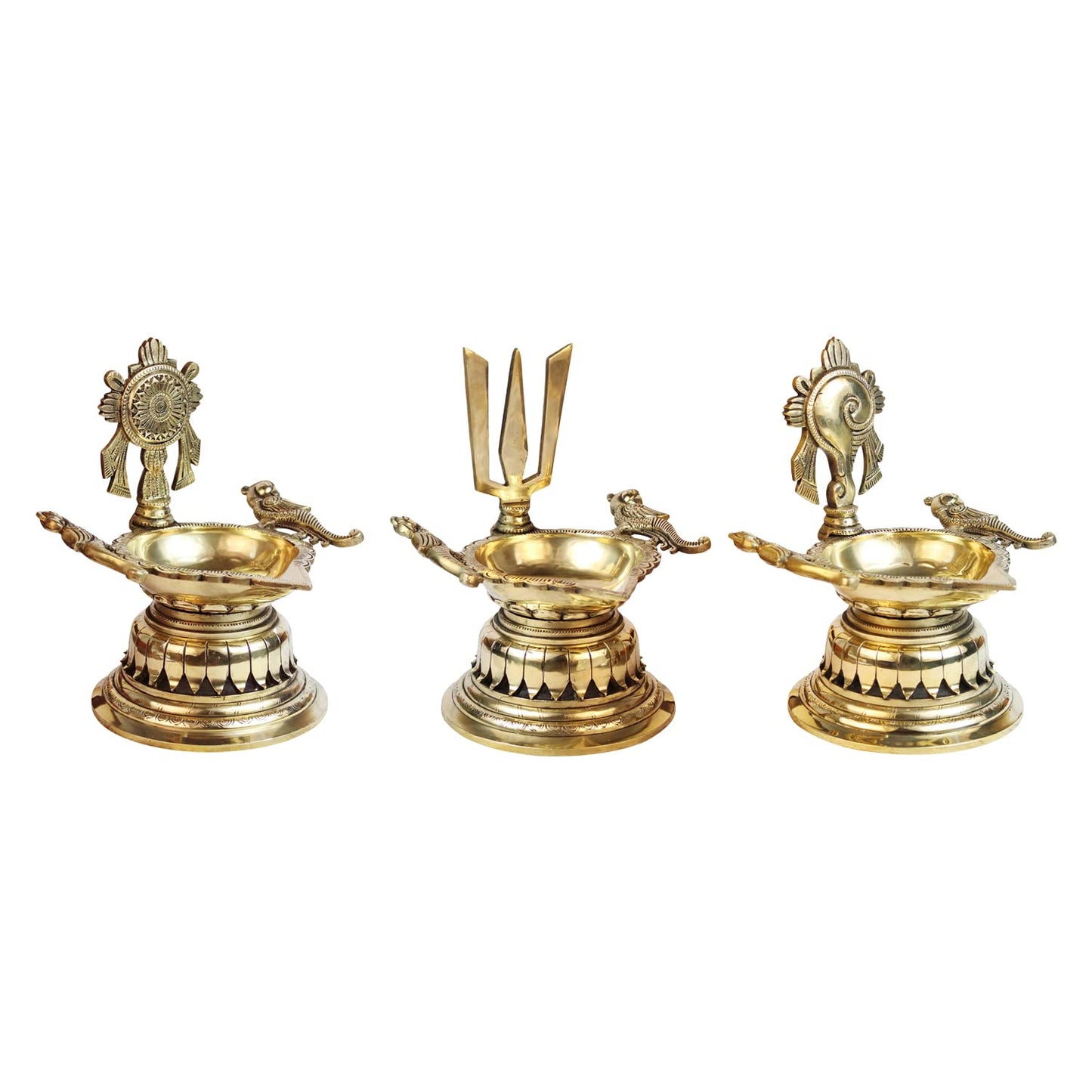 8 Inch Large Gold Color Brass Diya with Shankha, Chakra, and Vishnu Symbol: A stunning showpiece for home decor - SvarupArt
