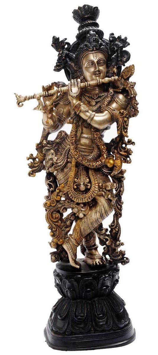 Brass Krishna Statue Murli Kishan Murti Gold Color - SvarupArt