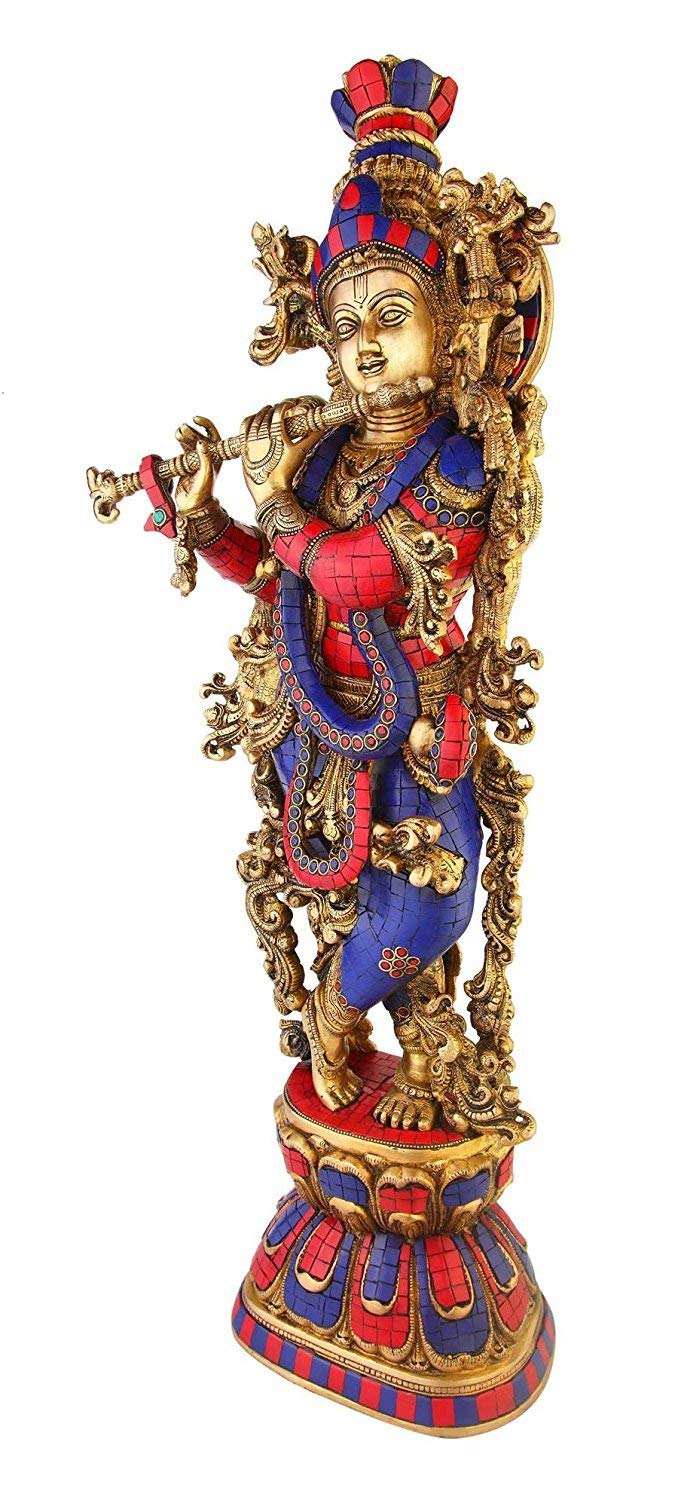 Brass Krishna Bhagwan Idol in Gold Color Height 29 Inch - SvarupArt