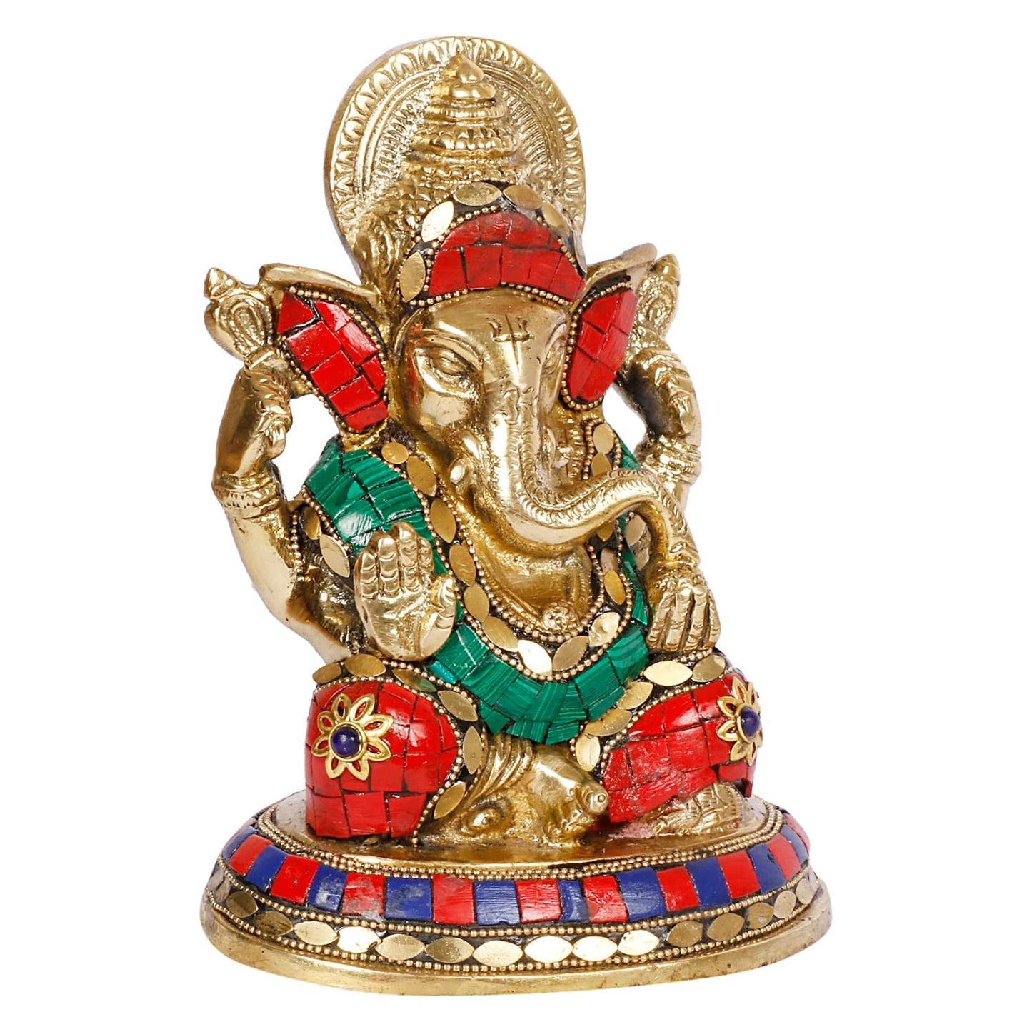Brass Sitting Ganesha Idol In Multicolor Height 7 Inch Weight 1.8 Kg - SvarupArt