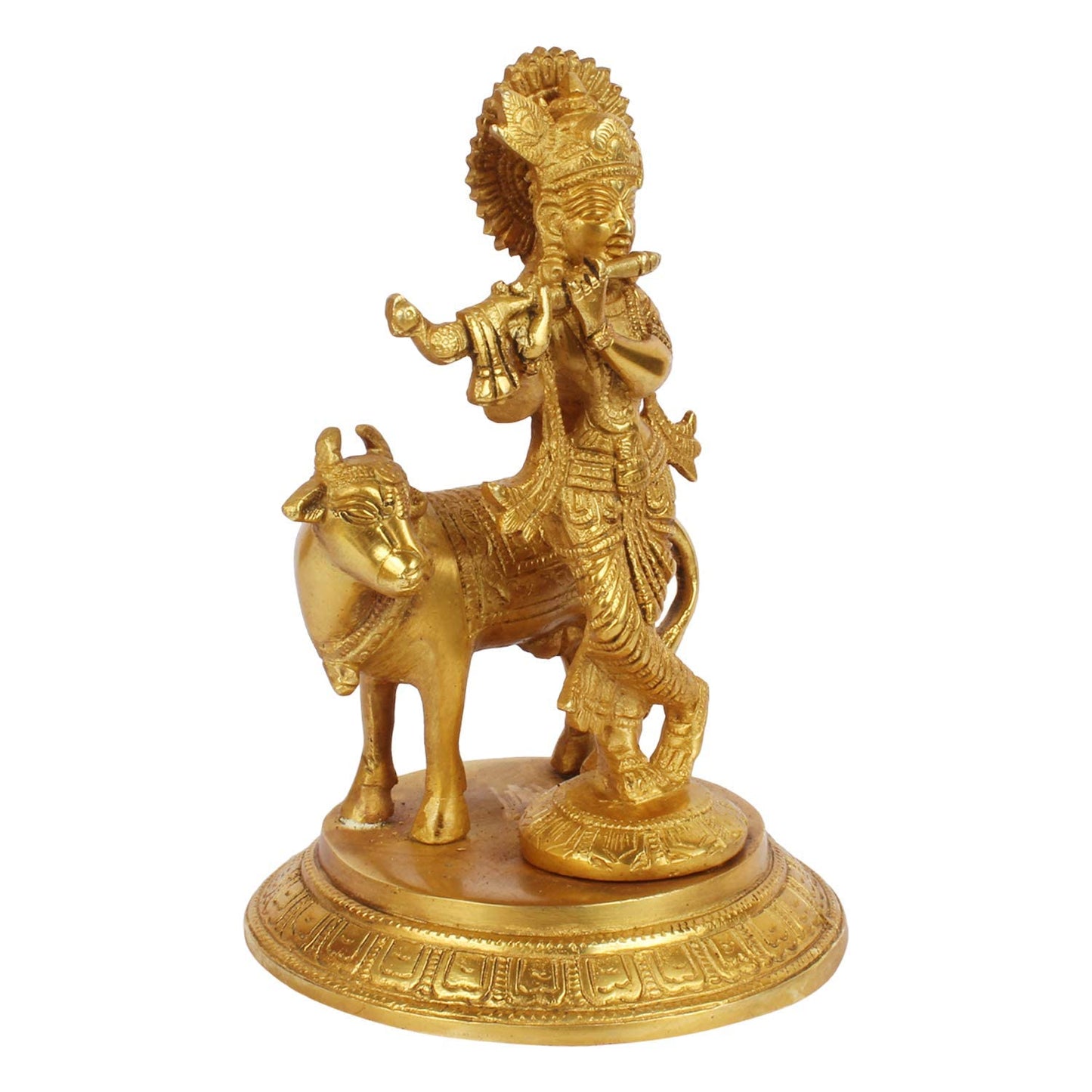 Brass Krishna Bhagwan Idol with Gau Mata in Gold Color Height 7.5 Inch - SvarupArt