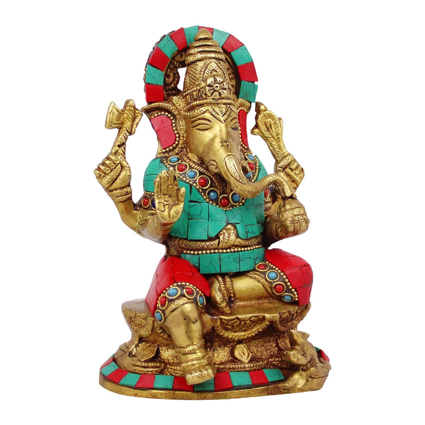 Brass Sitting Ganesha Idol In Multicolor Height 6.5 Inch Weight 1.6 Kg - SvarupArt