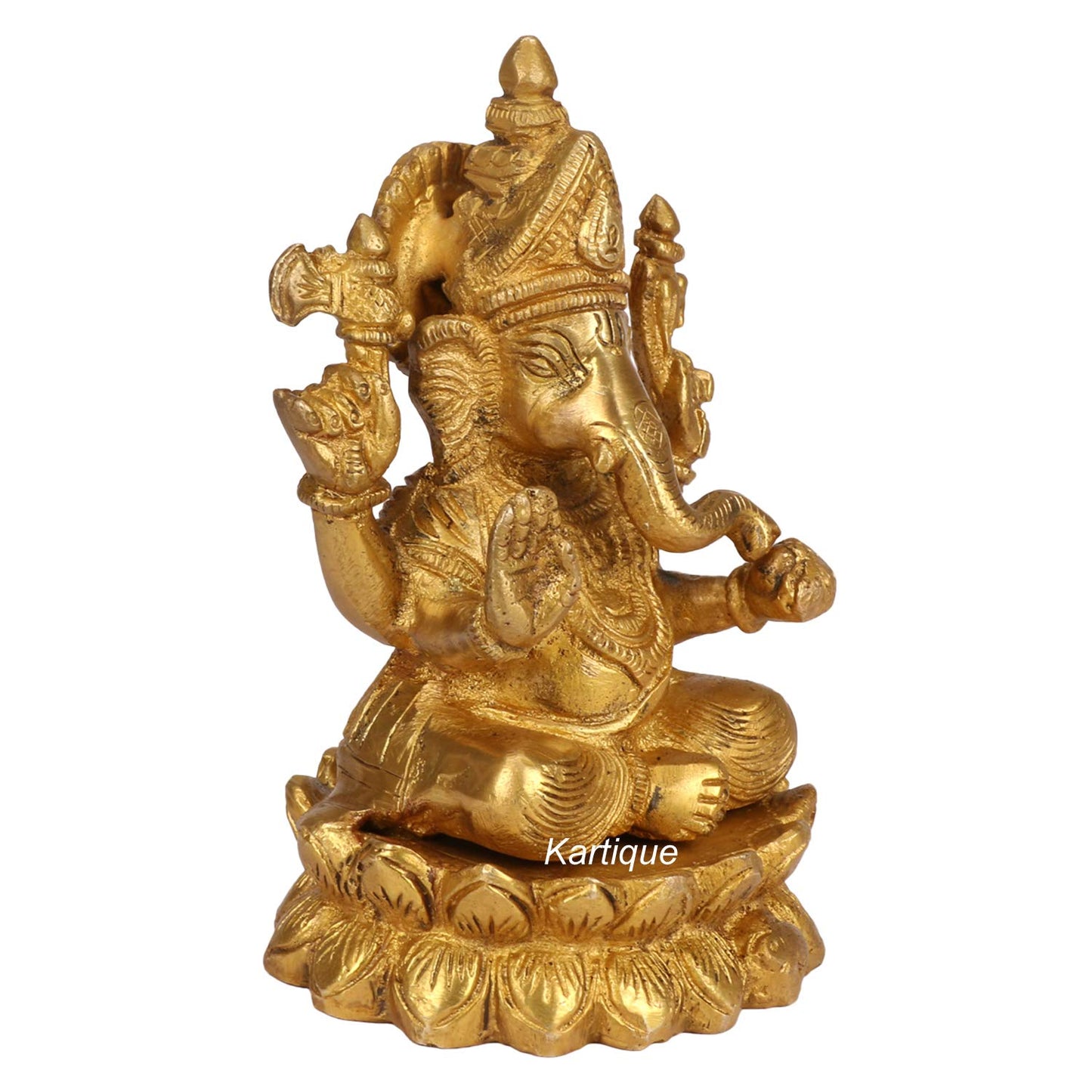 Brass Ganesha sitting On Lotus Idol In Gold Color Height 6 Inch Weight 1.5 Kg - SvarupArt