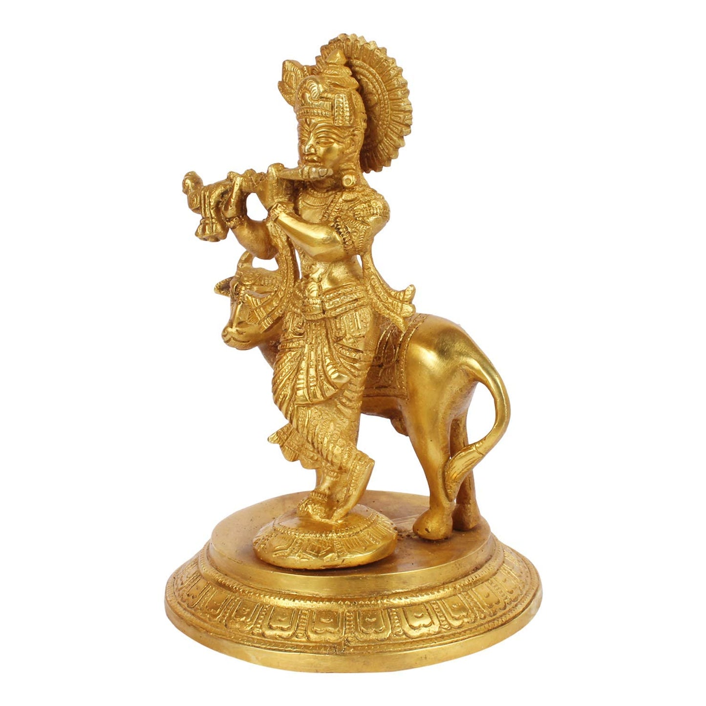 Brass Krishna Bhagwan Idol with Gau Mata in Gold Color Height 7.5 Inch - SvarupArt