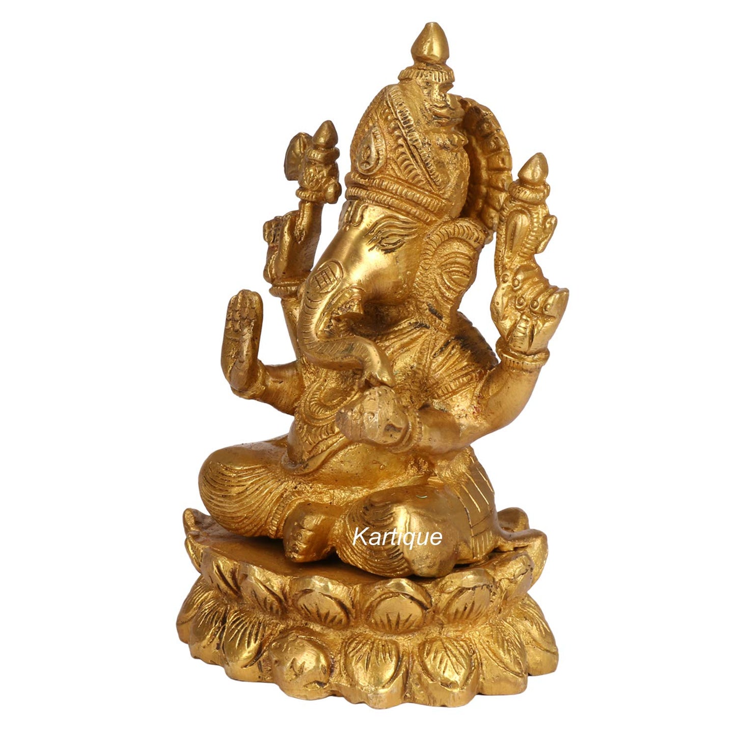 Brass Ganesha sitting On Lotus Idol In Gold Color Height 6 Inch Weight 1.5 Kg - SvarupArt