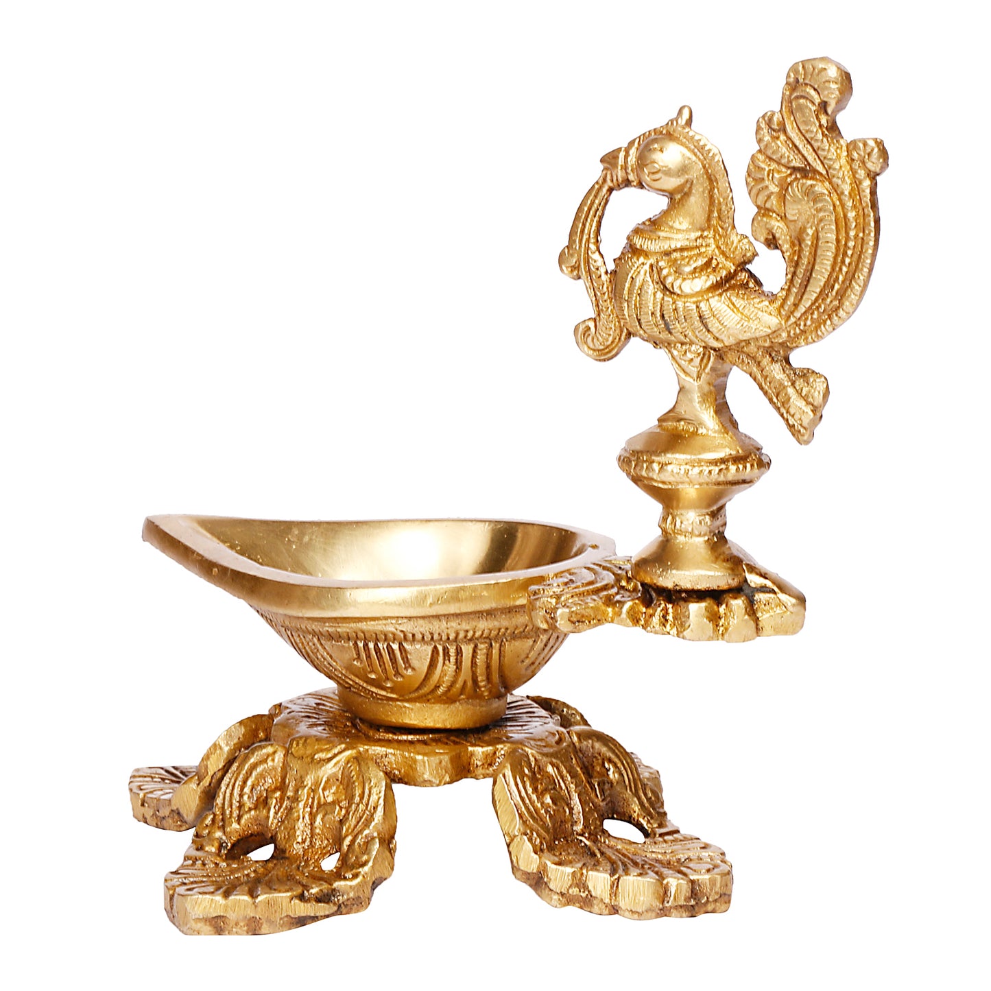 5.5 Inch Small Gold Color Brass Peacock Design Oil Diya with Base: Ideal for Home Temple Aarti and Decor - SvarupArt