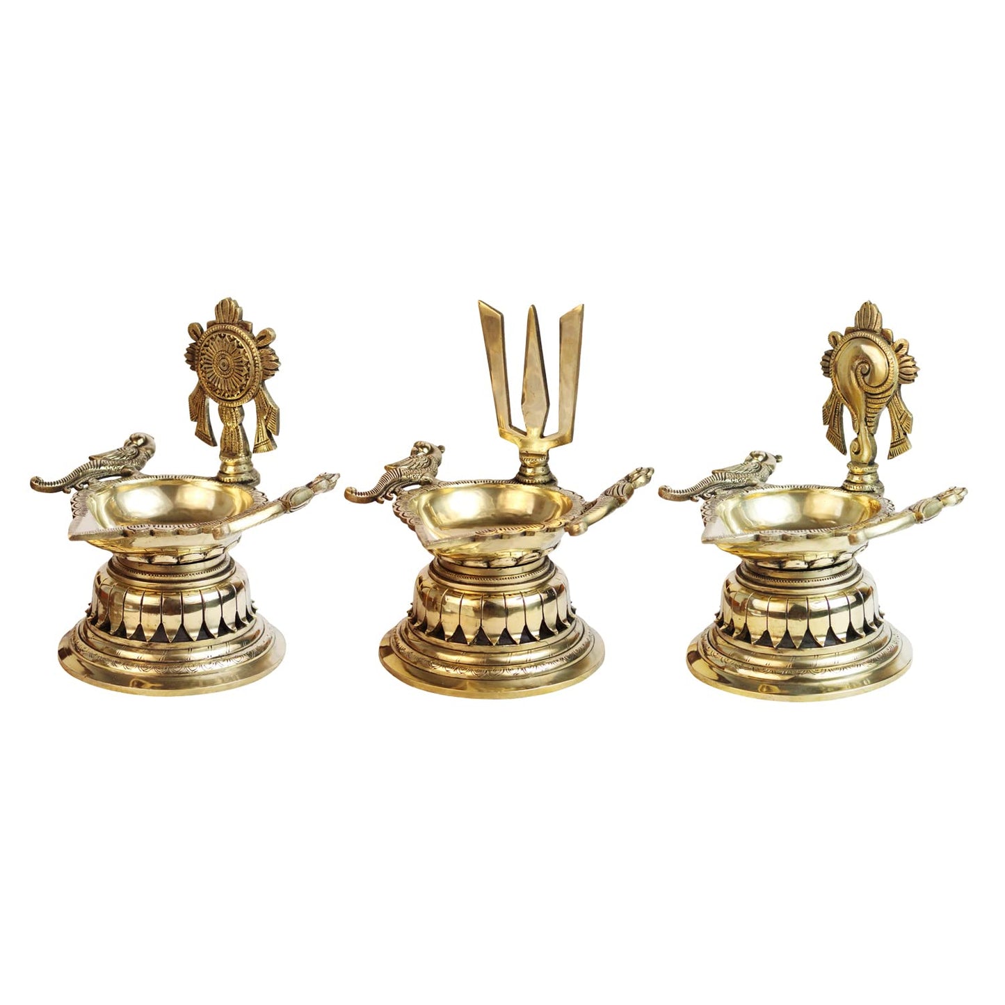 8 Inch Large Gold Color Brass Diya with Shankha, Chakra, and Vishnu Symbol: A stunning showpiece for home decor - SvarupArt