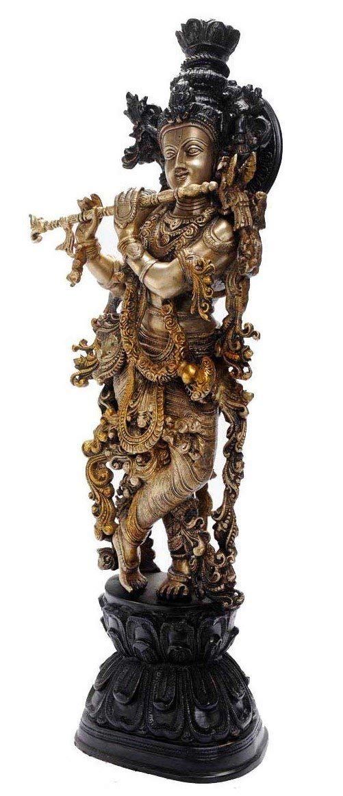 Brass Krishna Statue Murli Kishan Murti Gold Color - SvarupArt