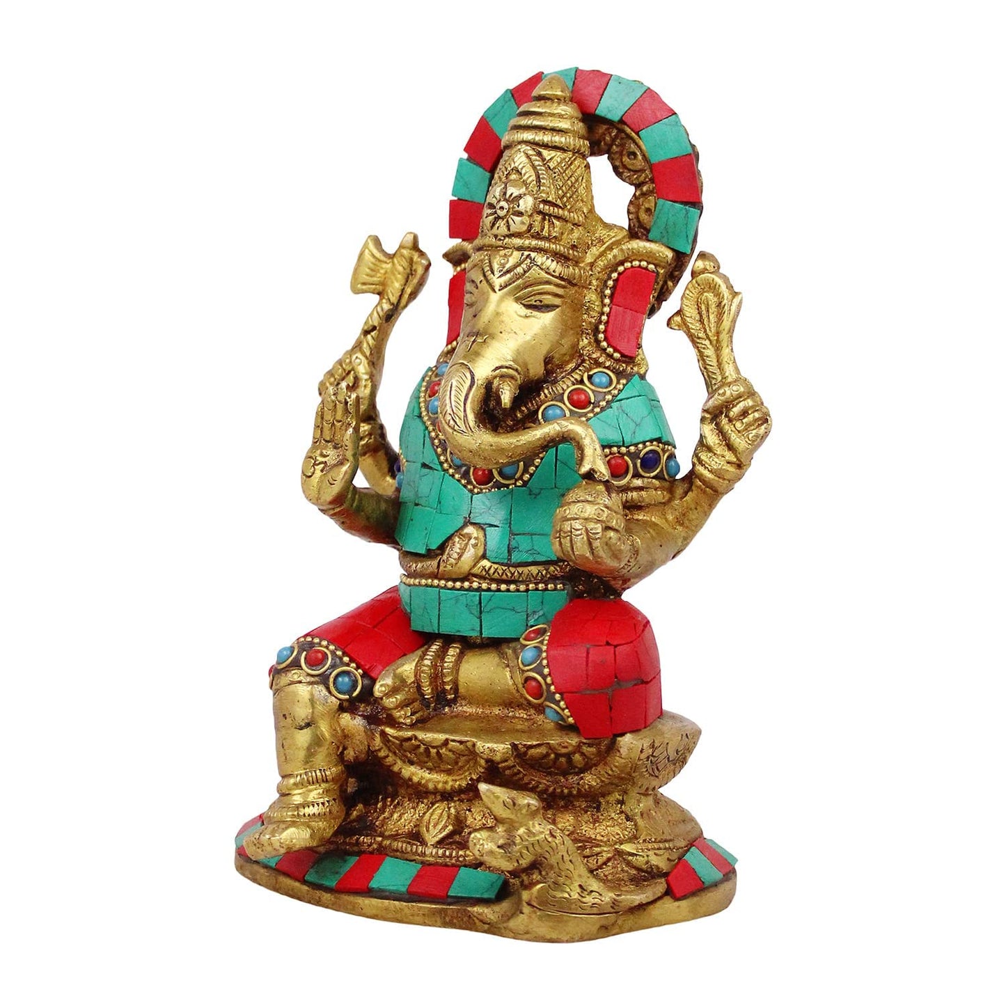 Brass Sitting Ganesha Idol In Multicolor Height 6.5 Inch Weight 1.6 Kg - SvarupArt