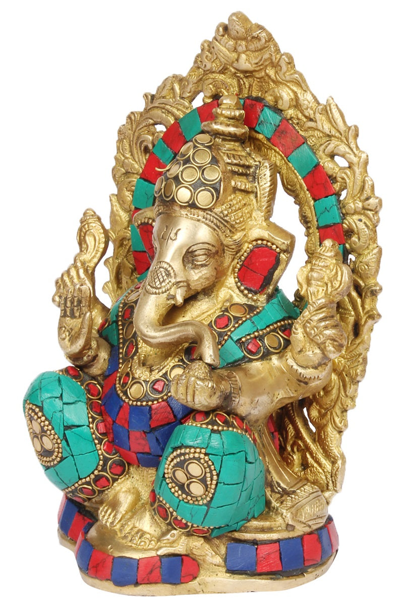Brass Sitting Ganesha Idol In Multicolor Height 7 Inch Weight 2.3 Kg - SvarupArt