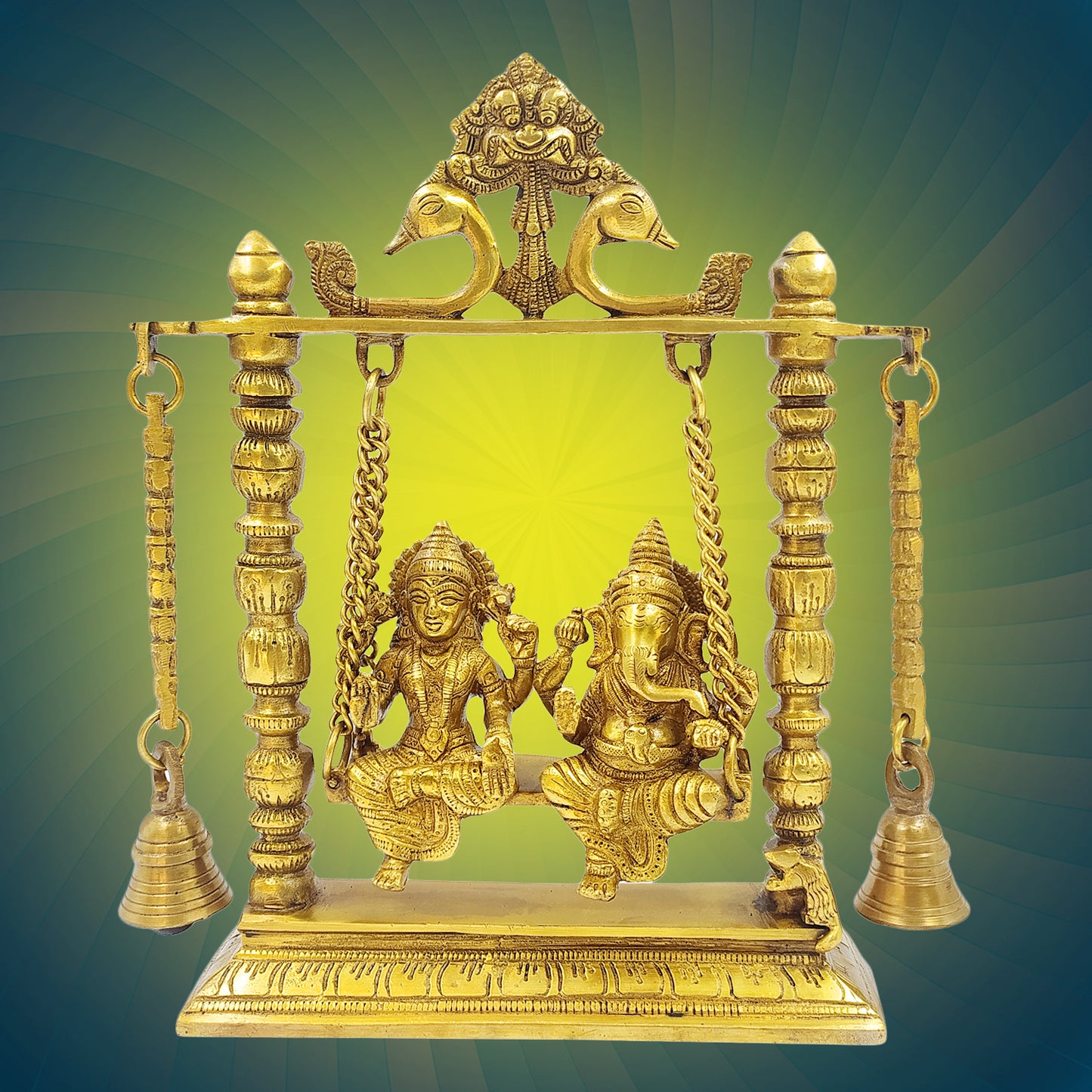 Brass Jhula Ganesha Idol In Gold Color Height 6 Inch Weight 2.5 Kg - SvarupArt