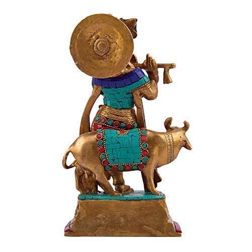 Brass Shri Krishna Idol with Cow Kishan Bhagwan Murti Lord Krishna Cow Statue with Flute Big Size Height 9.7 Inch - SvarupArt