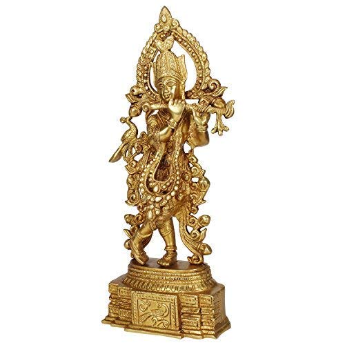 Brass Krishna Bhagwan Idol Murli Kishan Murti Playing Bansuri Gift for Home Mandir Decor Marriage Height 13.7 Inch - SvarupArt