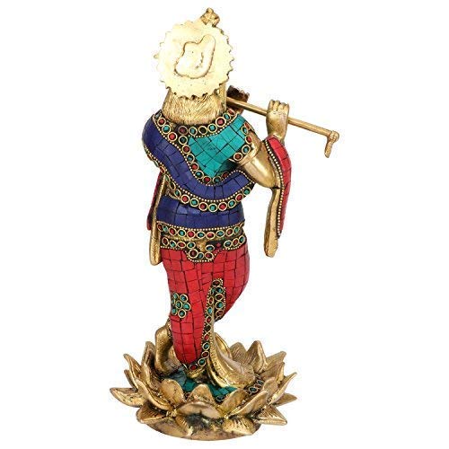 Brass Krishna Bhagwan Idol Murli Kishan Playing Bansuri Standing on Lotus For Gift Home Decor Height 11 Inch - SvarupArt