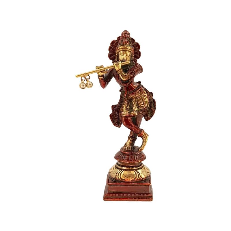 Brass Krishna Bhagwan Idol in Brown Color Height 6 Inch - SvarupArt