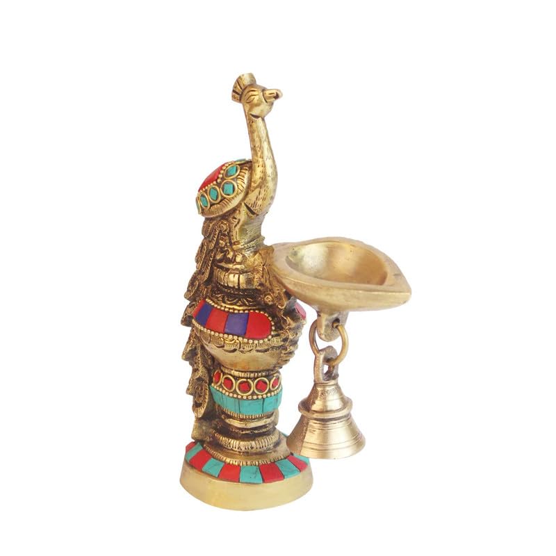 Brass Ethnic Carved Peacock Design Brass Diya with Bell, Brass Antique Oil Lamp, Brass Diyas for Home. - SvarupArt