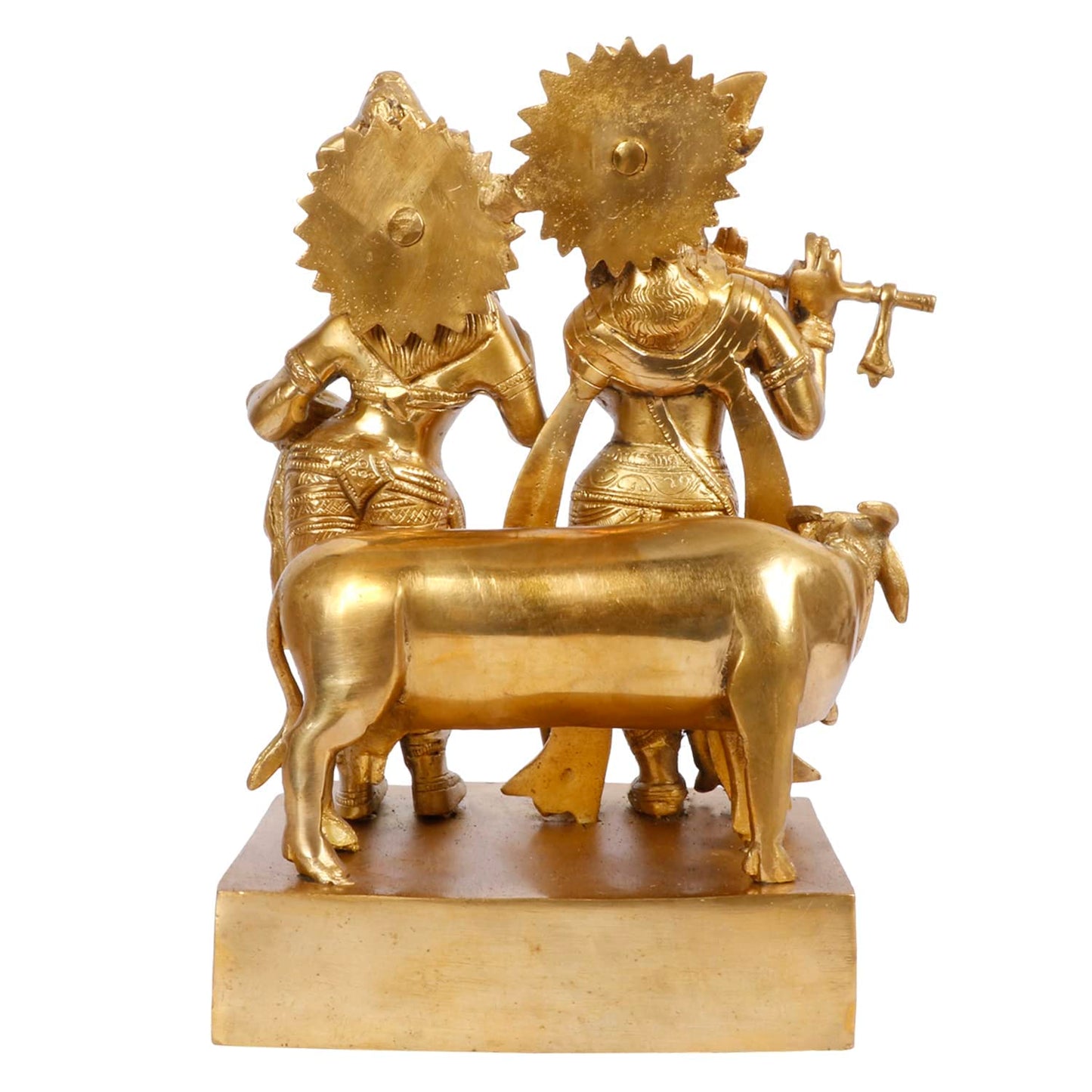 Brass Radha Krishna Murti with Gau Mata in Gold Color Height 11.5 Inch - SvarupArt