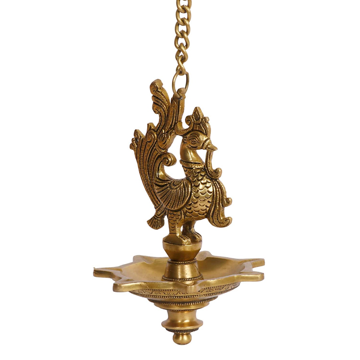 29 Inch Gold Color Brass Peacock Wall Diya with Chain: Ideal for Home Entrance, Mandir & Temple - SvarupArt