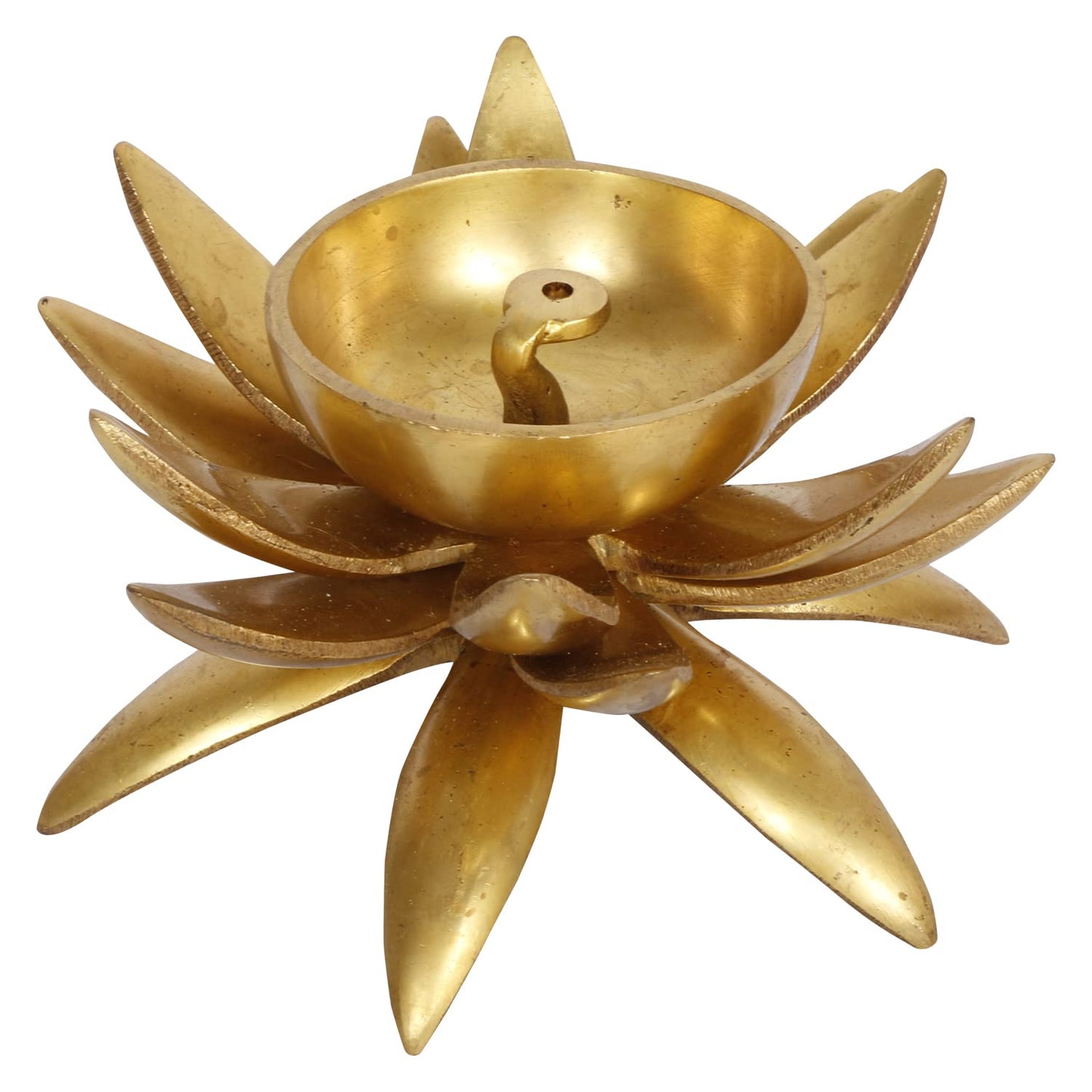 3 Inch Gold Color Brass Diya with Flower Petals: For Temple Aarti, Camphor Burn & Puja. Handheld Design. - SvarupArt