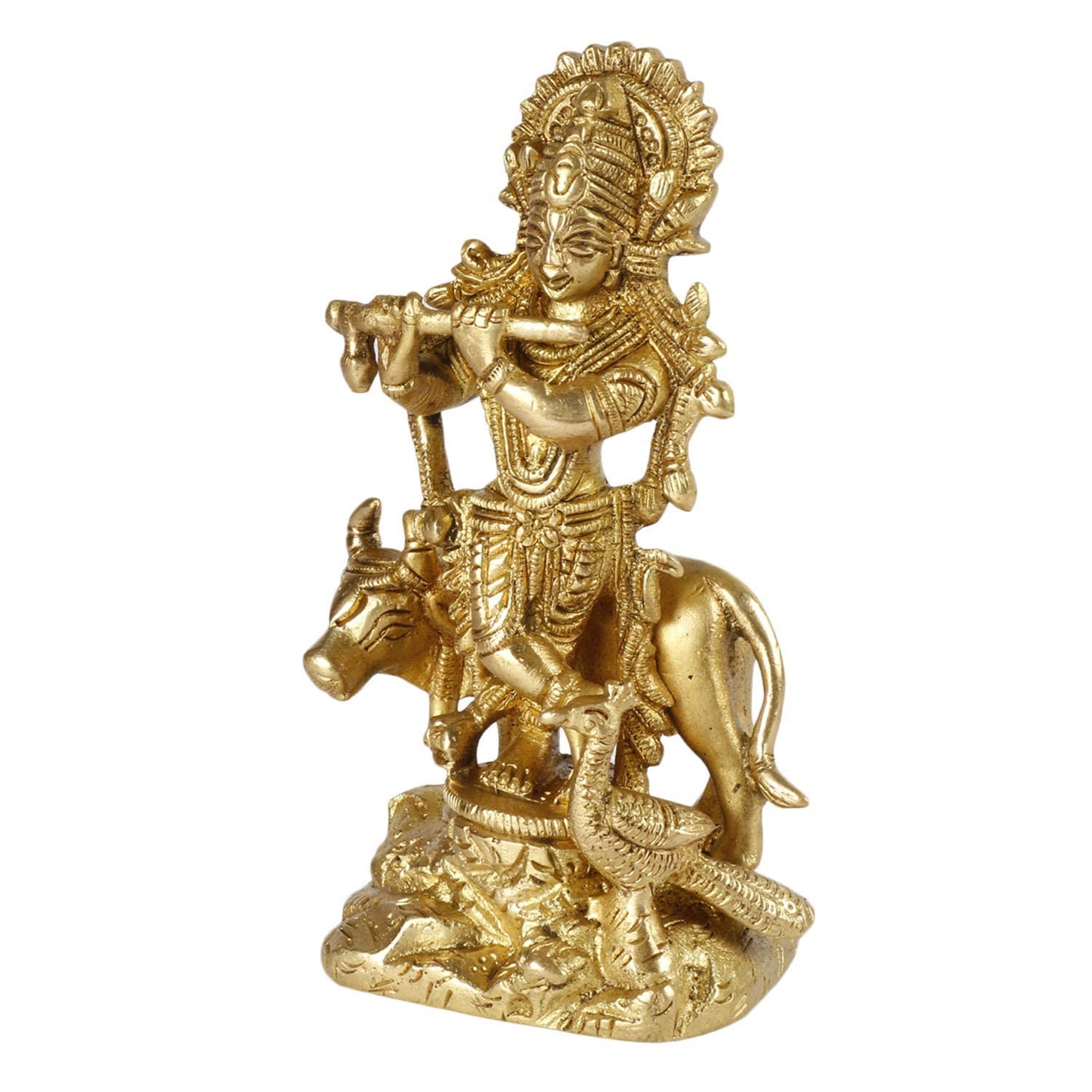 Brass Krishna Bhagwan Murti with Gau Mata in Gold Color Height 4.5 Inch - SvarupArt