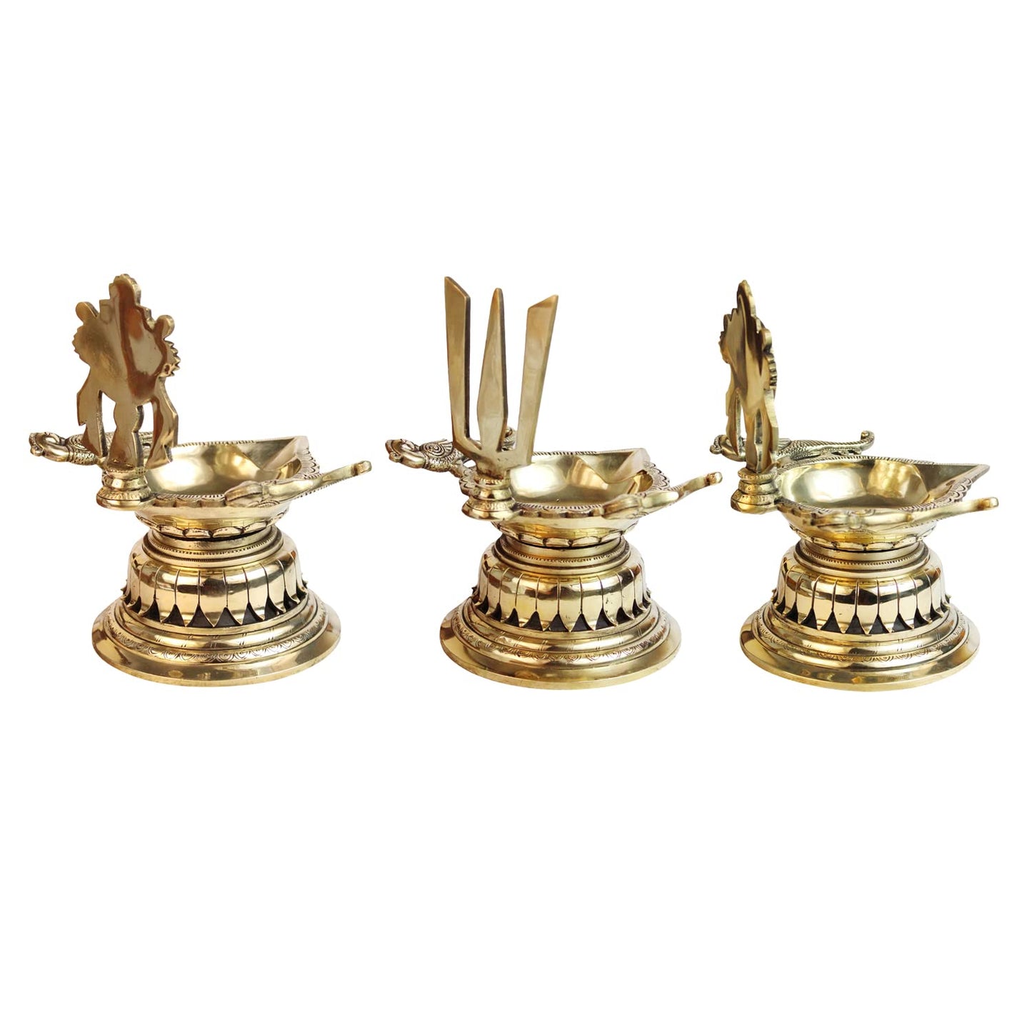 8 Inch Large Gold Color Brass Diya with Shankha, Chakra, and Vishnu Symbol: A stunning showpiece for home decor - SvarupArt