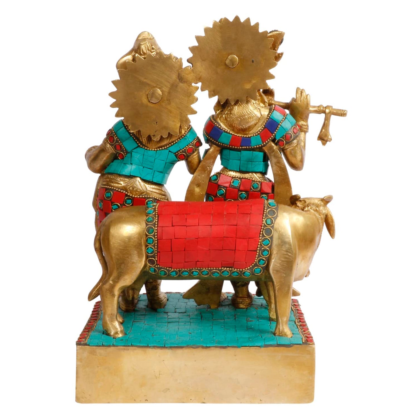 Brass Radha Krishna Murti with Gau Mata in Multicolor Height 11.5 Inch - SvarupArt