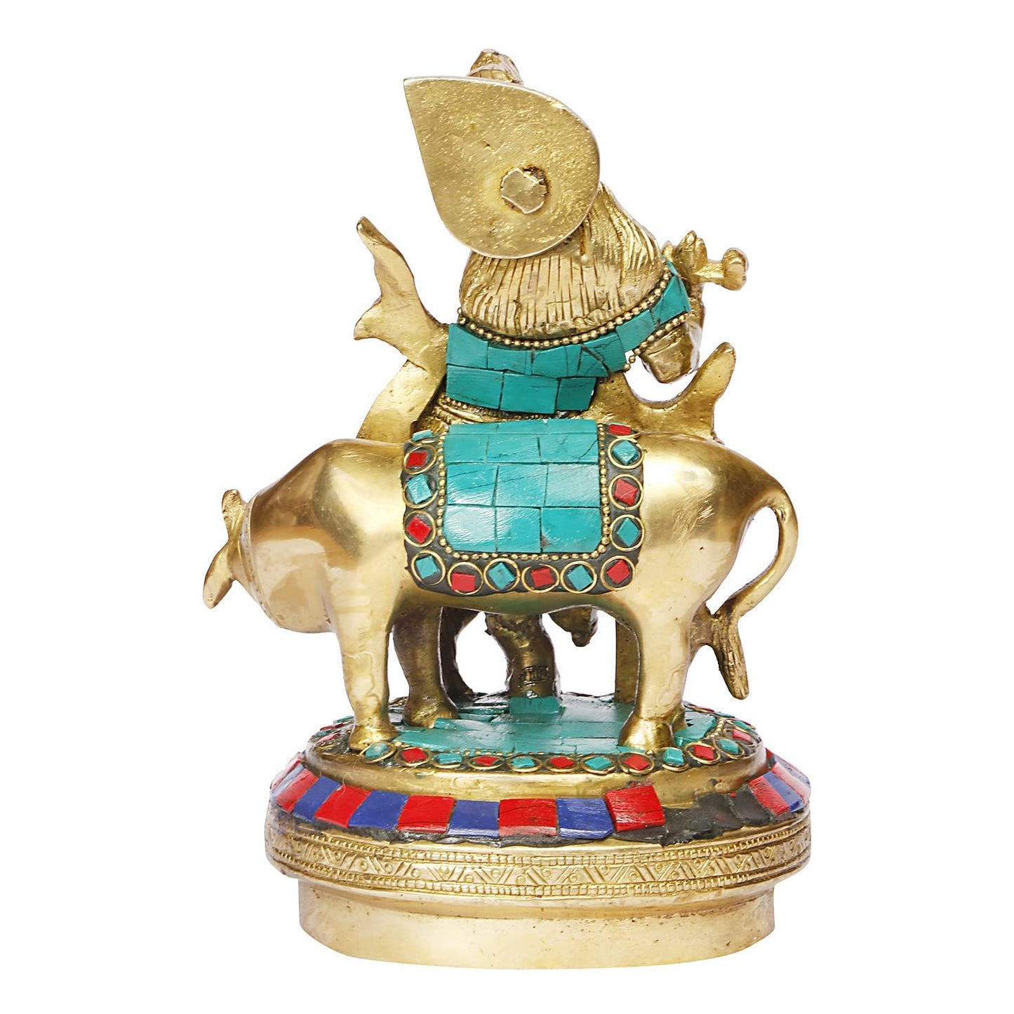 Brass Krishna Bhagwan with Gau Mata in Multi Color Height 7 Inch - SvarupArt