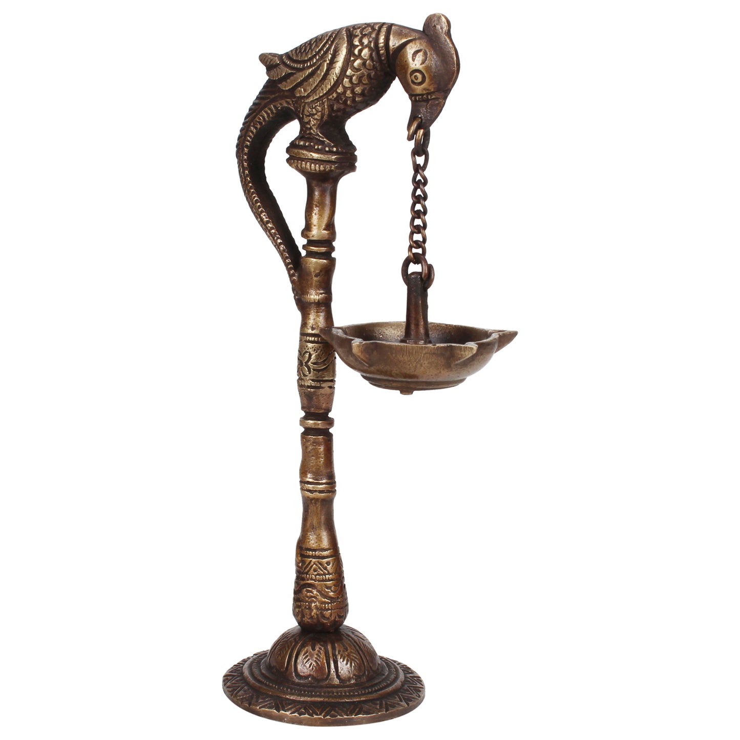 Antique Brass Diya with Parrot Design: Ideal for Traditional Puja Rooms. - SvarupArt