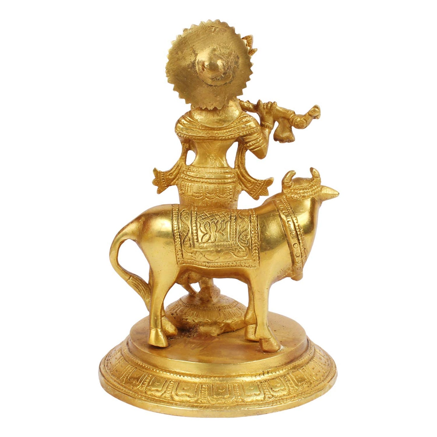 Brass Krishna Bhagwan Idol with Gau Mata in Gold Color Height 7.5 Inch - SvarupArt