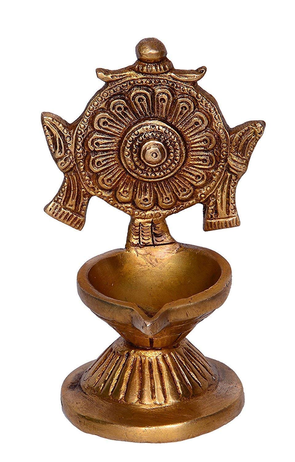 Brass Shankha-Chakra Diya Set: Home Temple Aarti Deepam, Puja Jyot, Table Mandir - SvarupArt