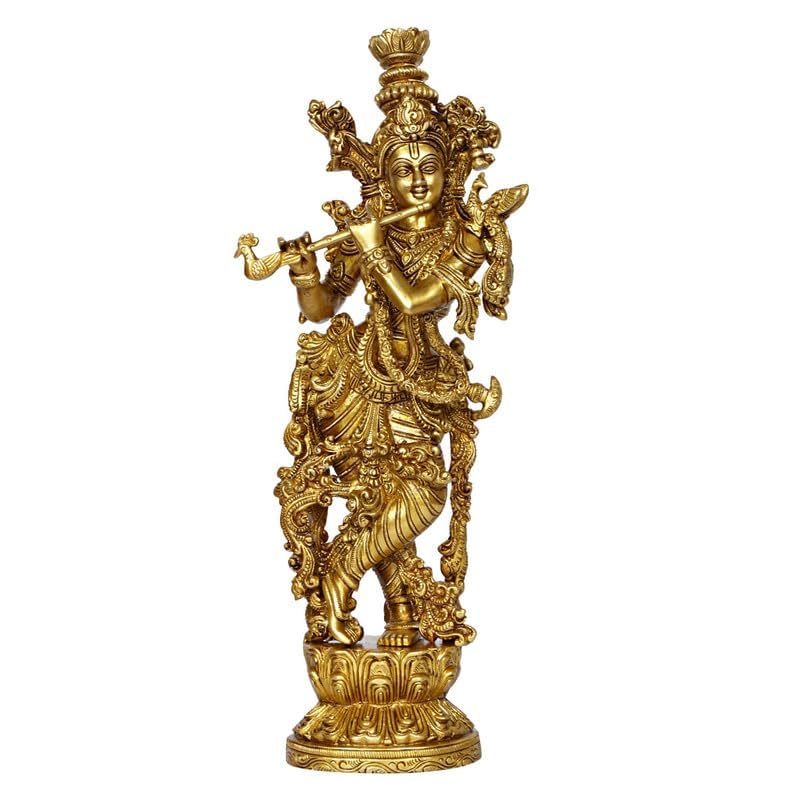 Brass Krishna Krishan Murti Idol Statue Sculpture Golden 14 Inches - SvarupArt
